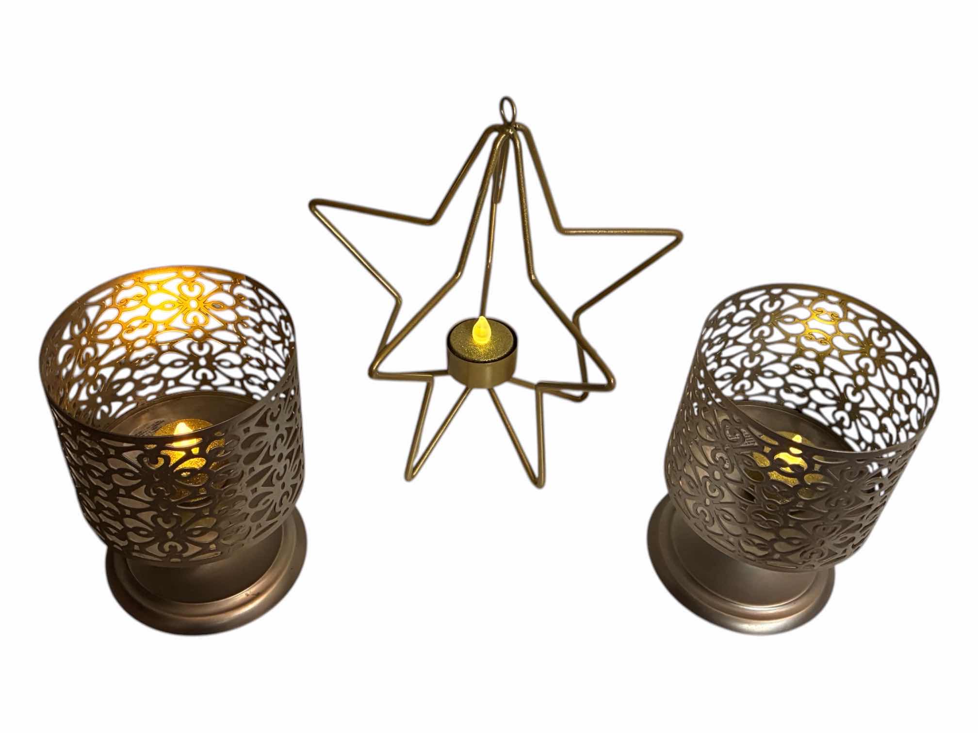 Photo 1 of BATH AND BODY WORKS SATIN NICKEL FINISH METAL CANDLE HOLDERS H5” & GOLD FINISH STAR METAL CANDLE HOLDER 8” X 8.5”