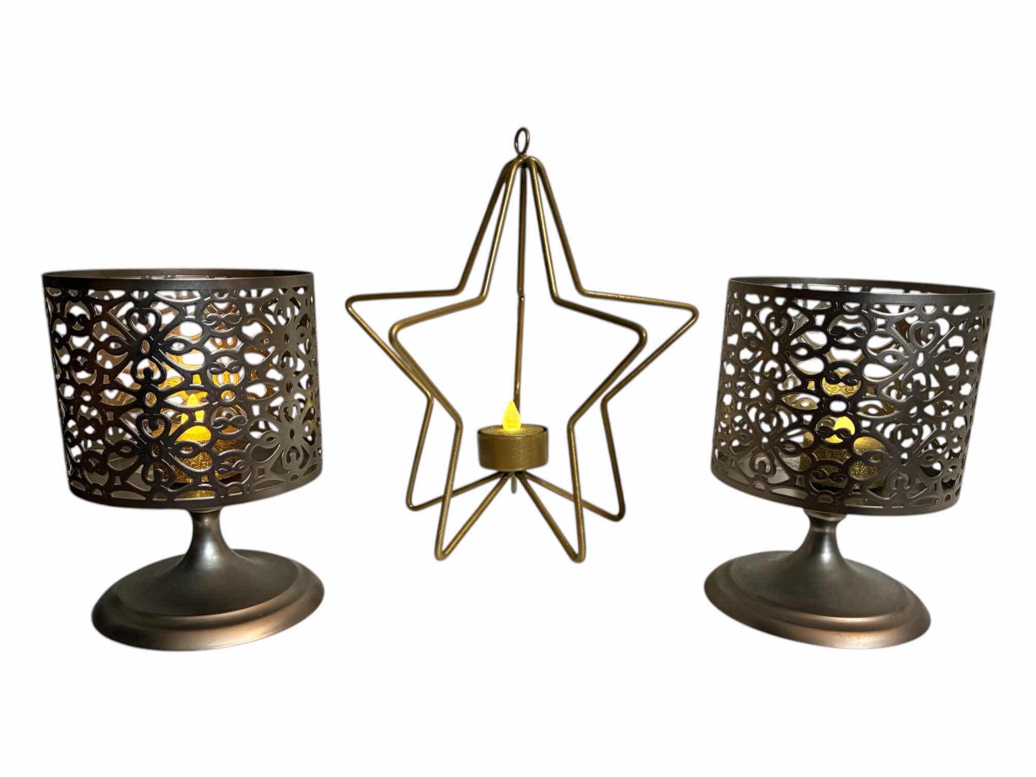 Photo 1 of BATH AND BODY WORKS SATIN NICKEL FINISH METAL CANDLE HOLDERS H5” & GOLD FINISH STAR METAL CANDLE HOLDER 8” X 8.5”
