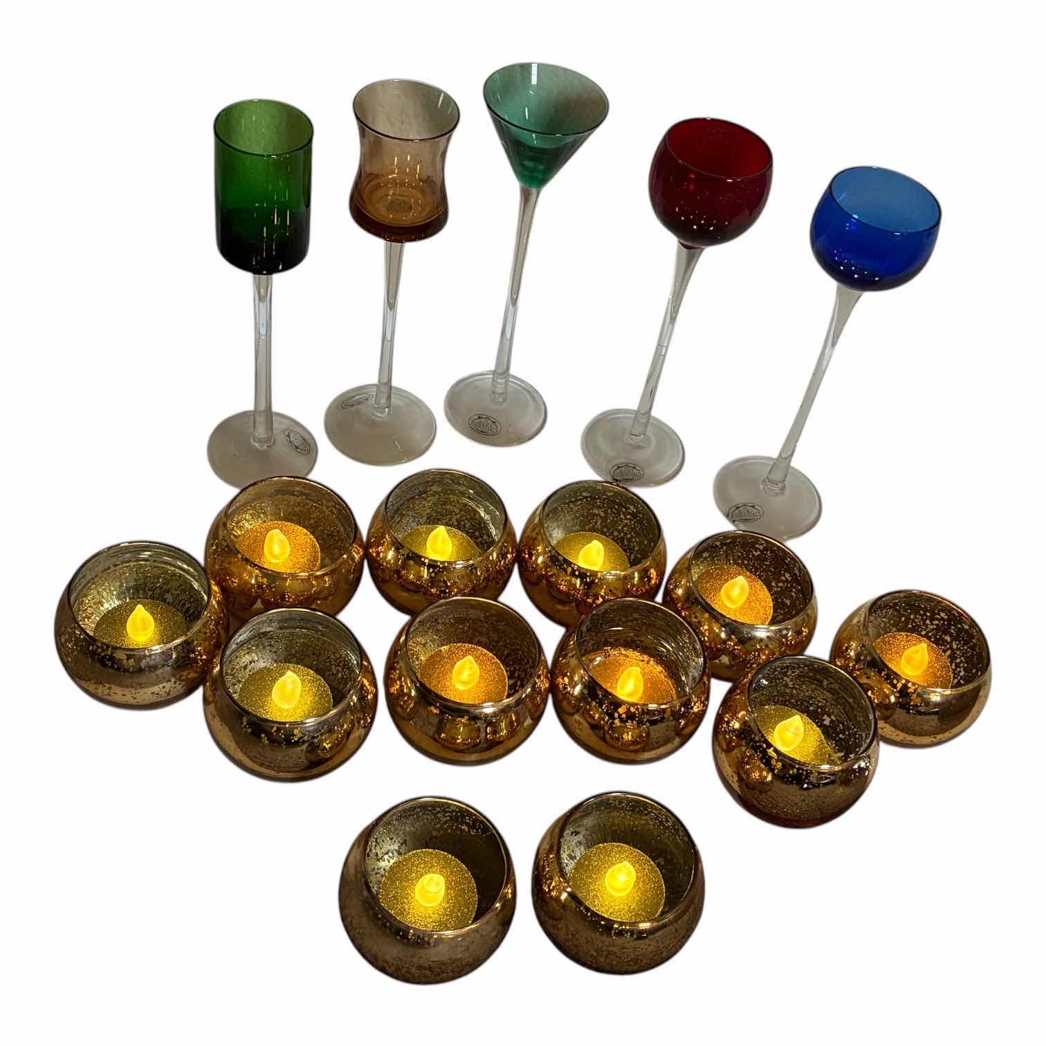 Photo 1 of HOME ESSENTIALS COLORED GLASS CANDLE HOLDERS (5) H7” & GOLD METALLIC FINISH GLASS CANDLE HOLDERS (12) H2.25”