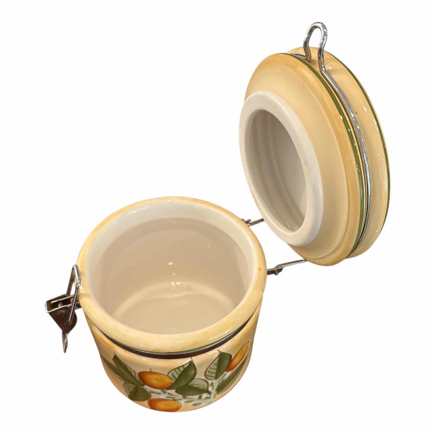 Photo 1 of VINTAGE CERTIFIED INTERNATIONAL CORPORATION CERAMIC 4 JAR SET W LATCH LIDS, FRUIT MOTIF DESIGN (5.75”, 7”, 8”, 9.25”)