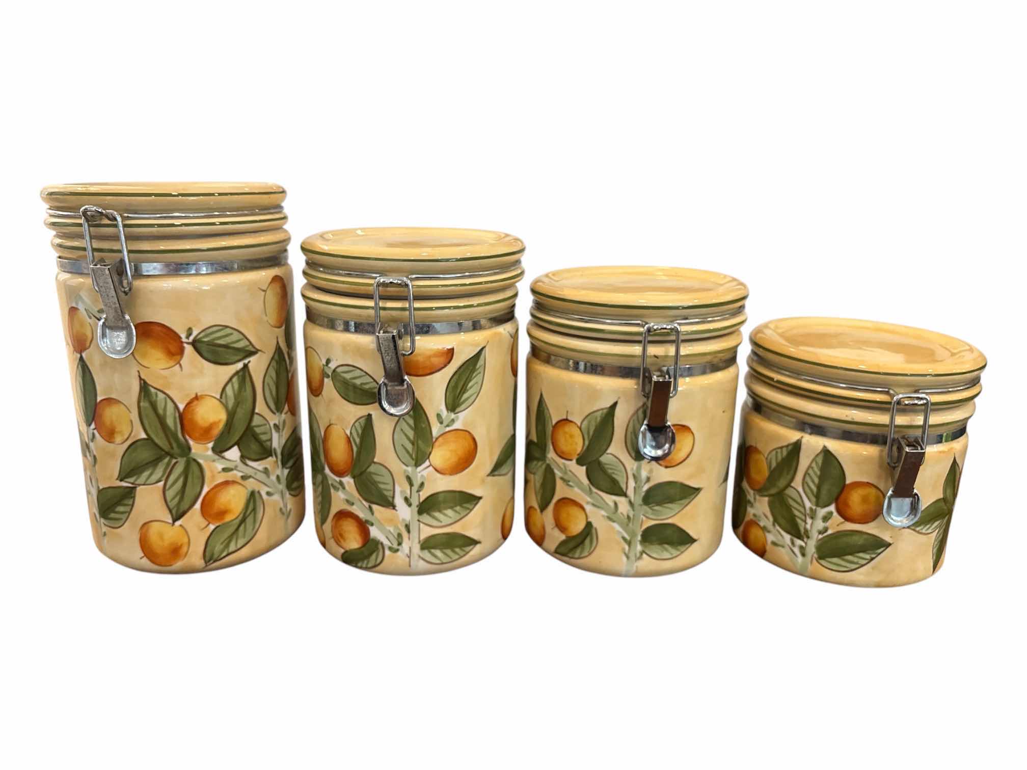 Photo 1 of VINTAGE CERTIFIED INTERNATIONAL CORPORATION CERAMIC 4 JAR SET W LATCH LIDS, FRUIT MOTIF DESIGN (5.75”, 7”, 8”, 9.25”)