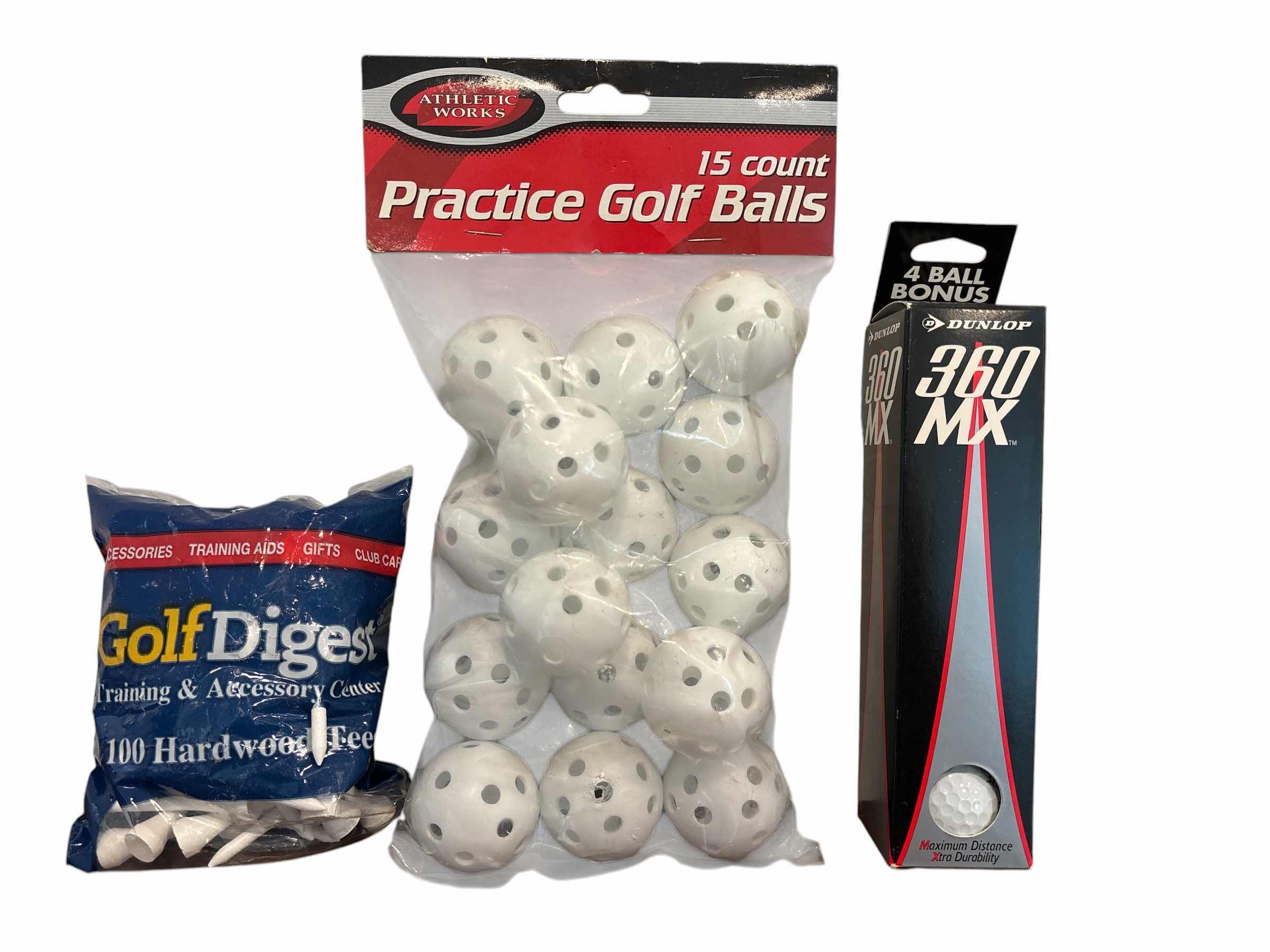 View 1 of GOLF DIGEST HARDWOOD TEES (OPEN BAG), NIP ATHLETIC WORKS PRACTICE GOLF BALLS (15 CT) & NIB DUNLOP 360MX GOLF BALLS (3-PACK)