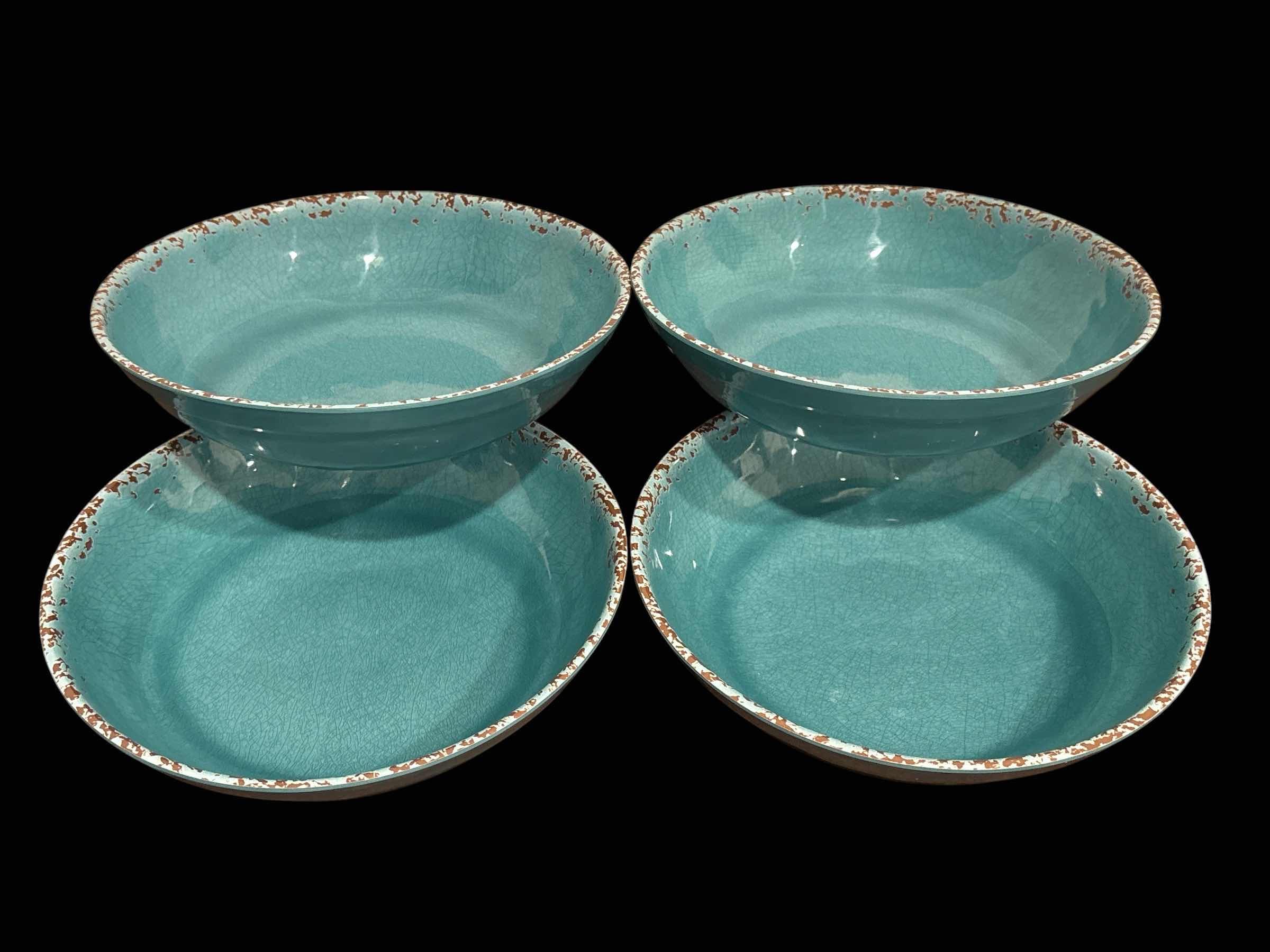 Photo 1 of CRACKLED TEAL MELAMINE 8” SALAD BOWLS (4)