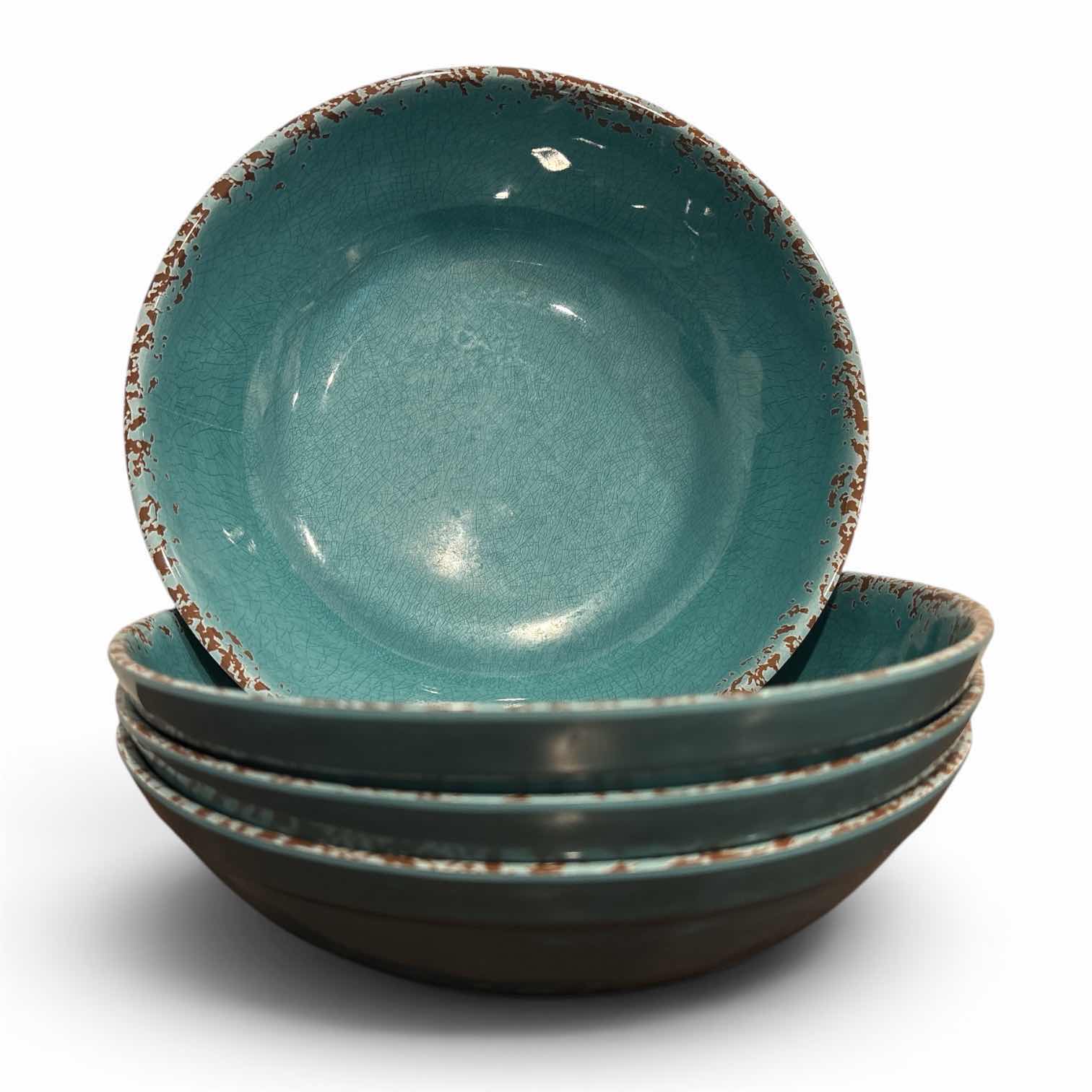 Photo 1 of CRACKLED TEAL MELAMINE 8” SALAD BOWLS (4)