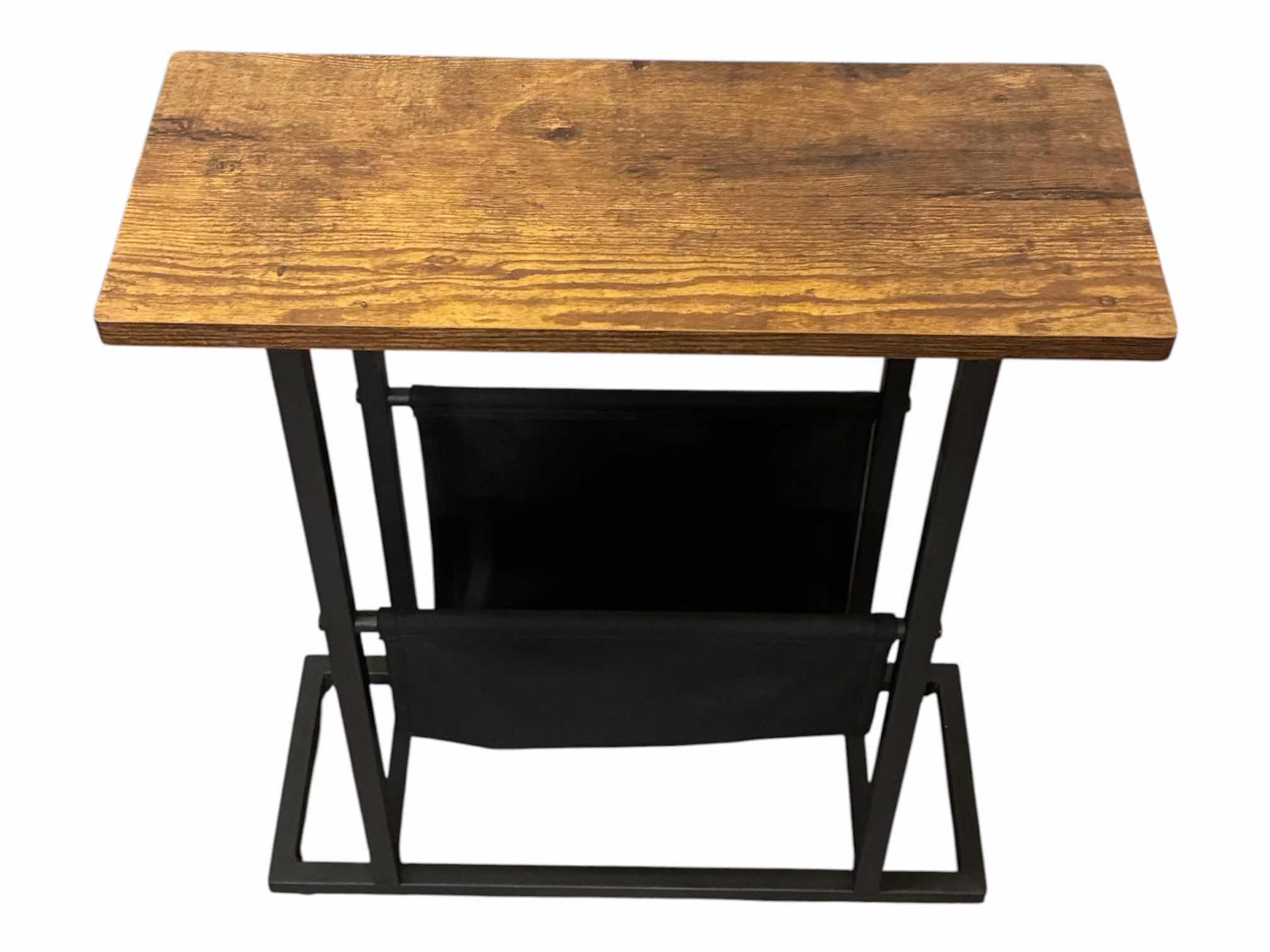 Photo 1 of NARROW RUSTIC WOOD BLACK STEEL END TABLE W MAGAZINE RACK, 18” X 7” H20” $50