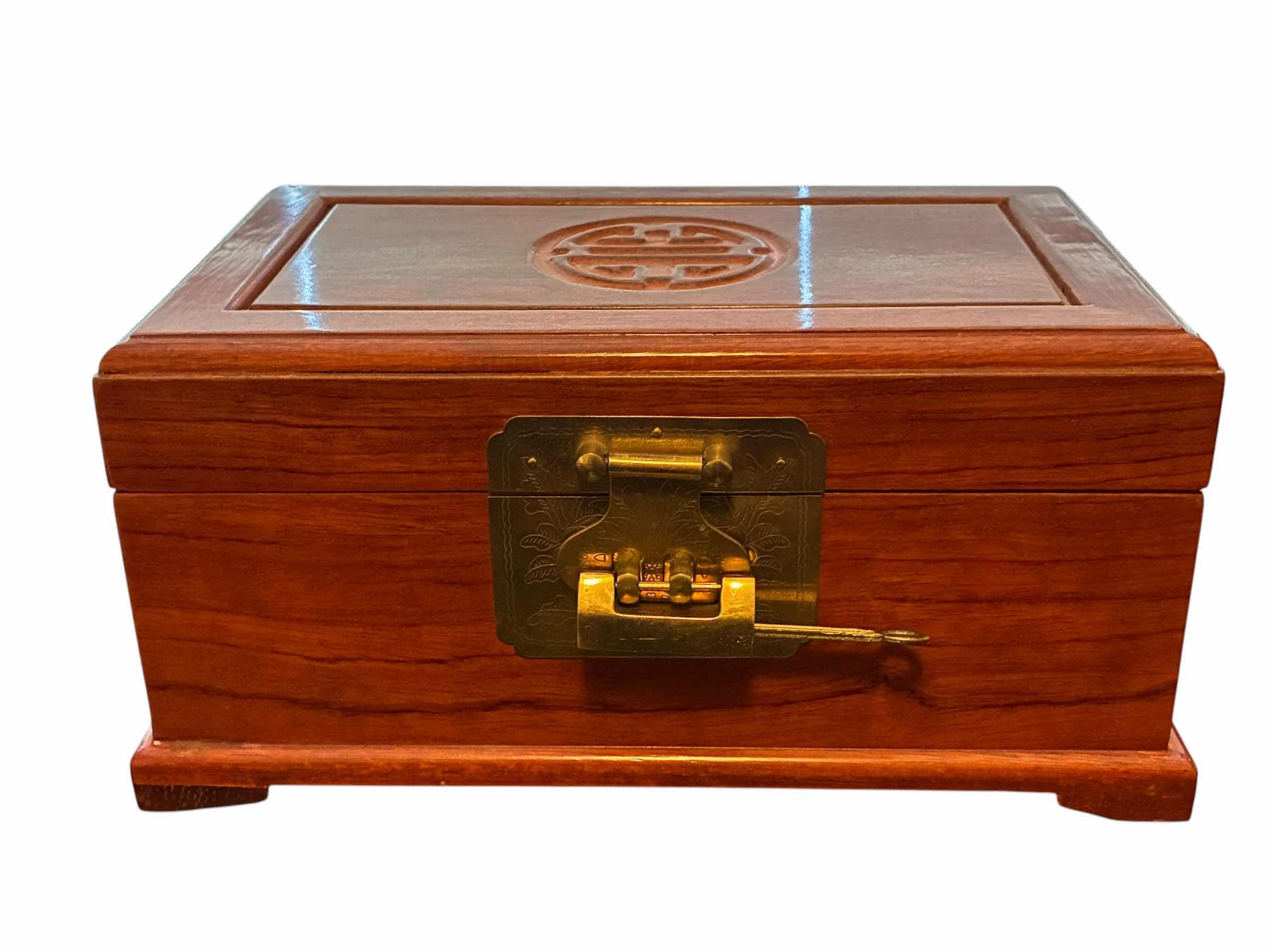 Photo 1 of VINTAGE ASIAN SYMBOL WOODEN LOCK BOX WITH LOCK & KEY