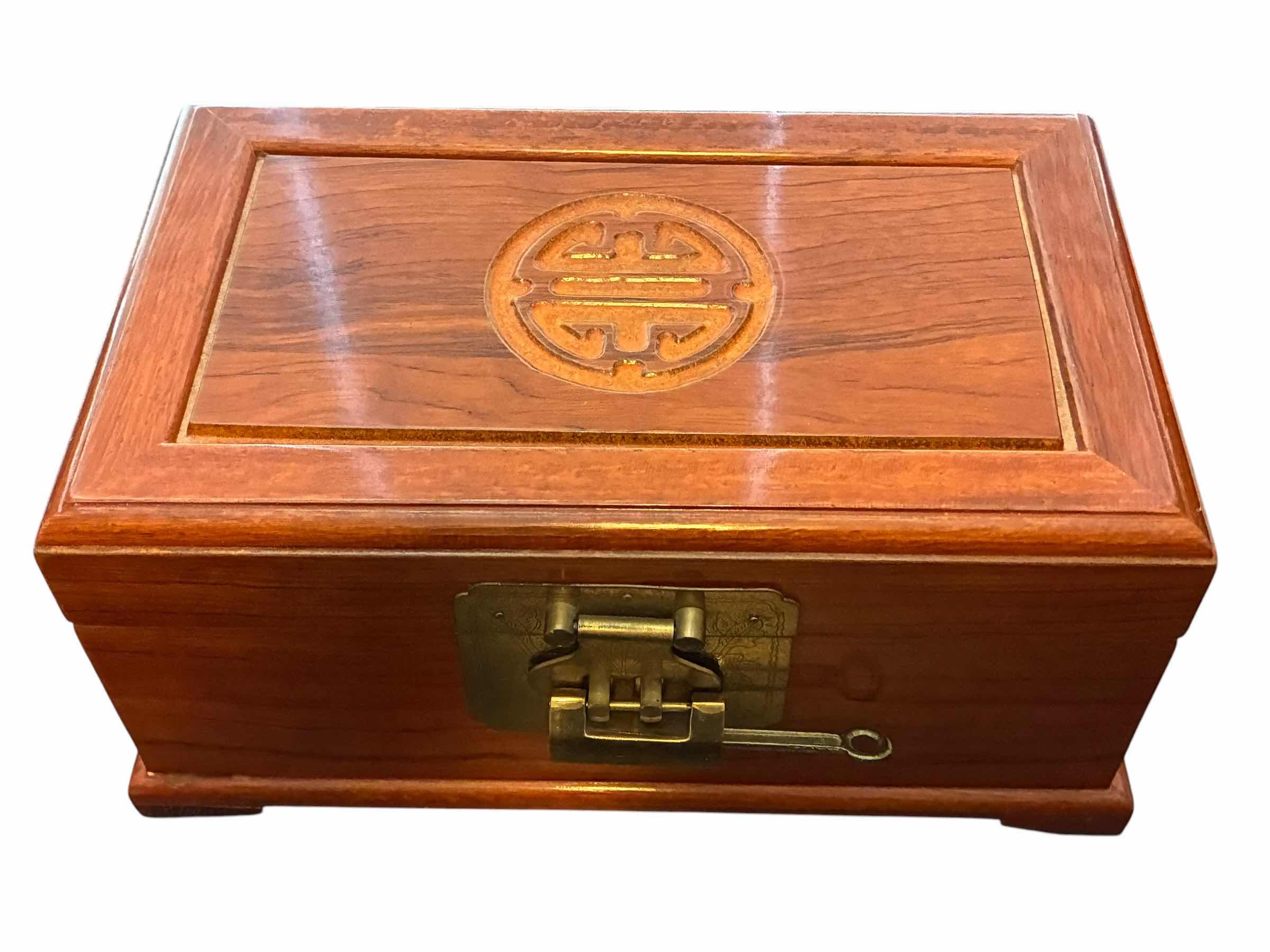Photo 1 of VINTAGE ASIAN SYMBOL WOODEN LOCK BOX WITH LOCK & KEY