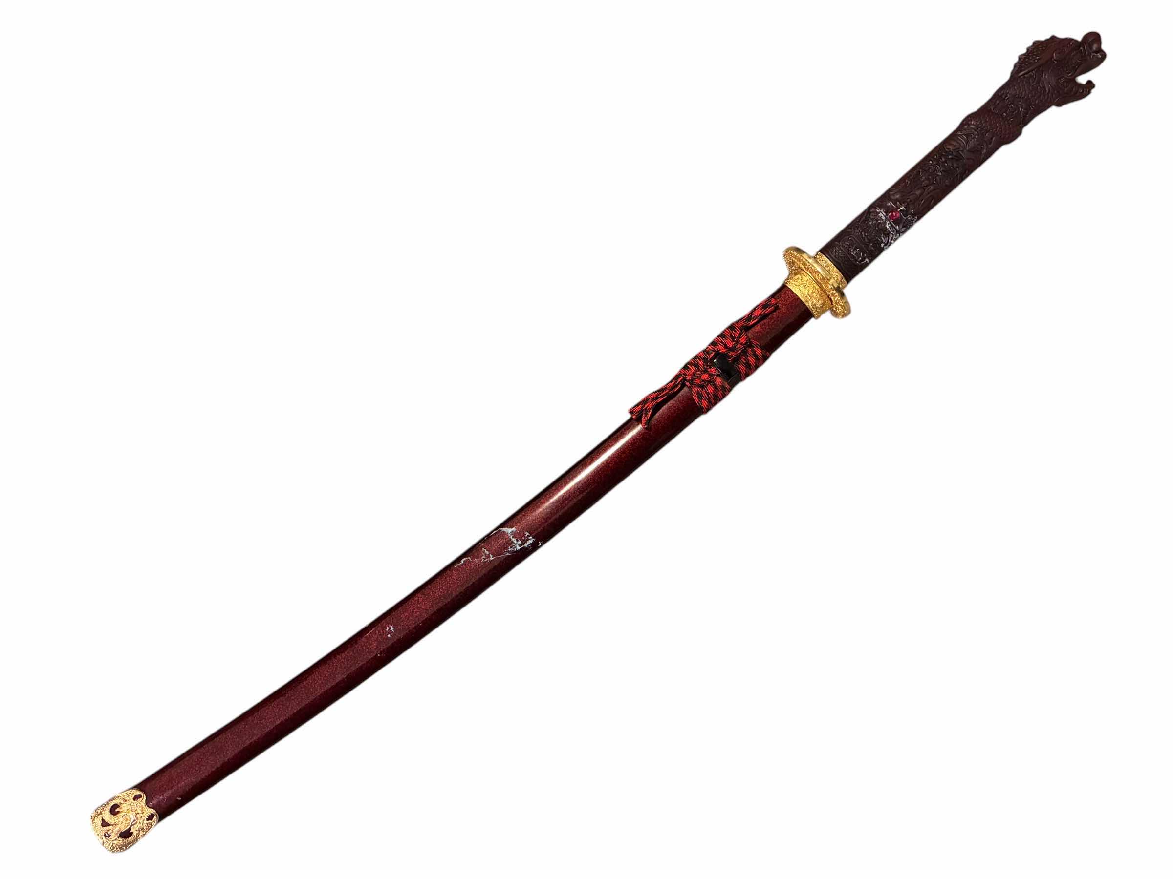 Photo 1 of RED DRAGON JEWEL HANDLED GOLD, ACCENTED STAINLESS STEEL KATANA W SHEATH 43.5”