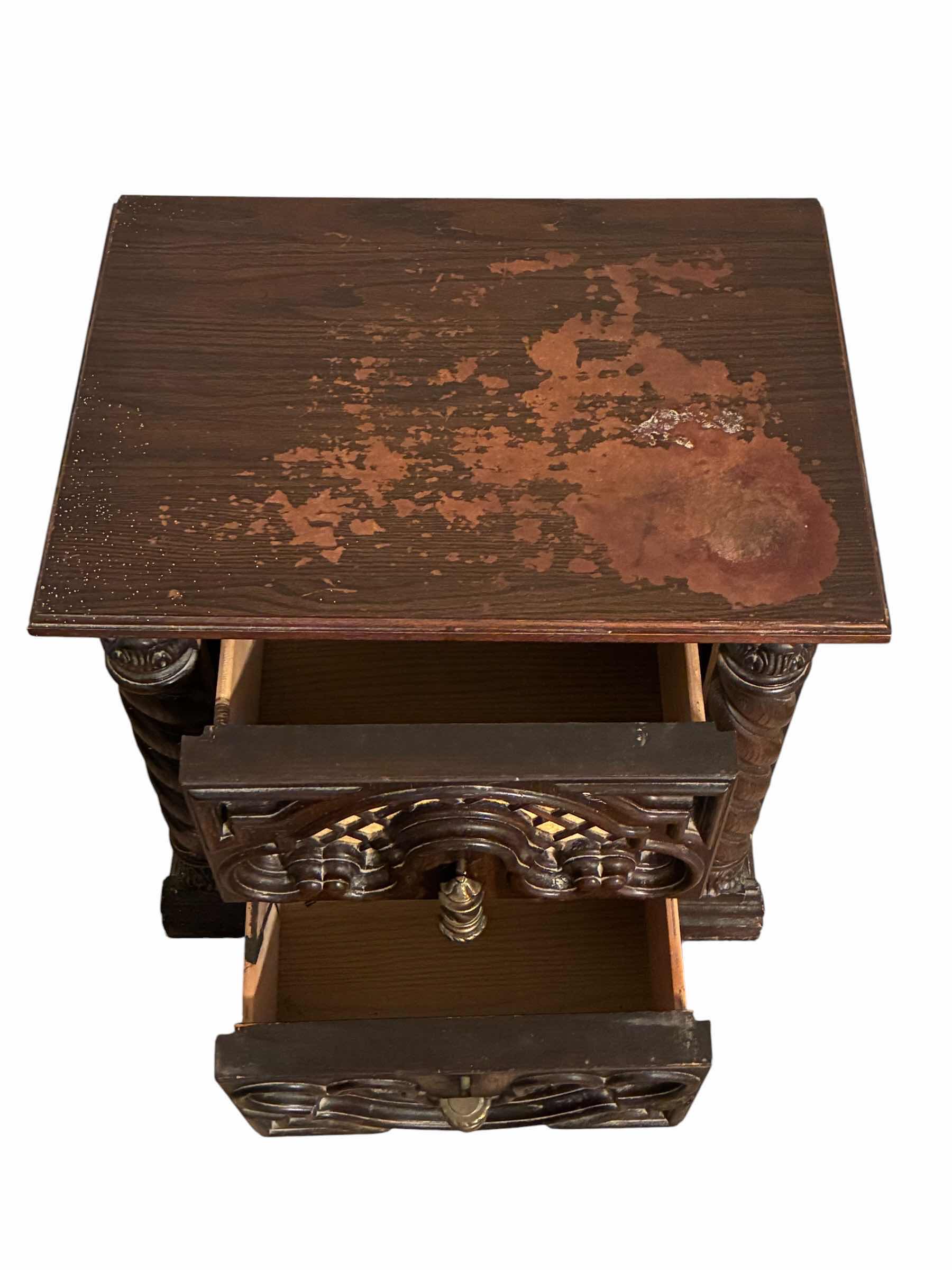 View 4 of MID-CENTURY DARK WOOD FINISH VELVET INLAY BRASS HANDLE 2-DRAWER NIGHTSTAND 22“ X 16“ H23“