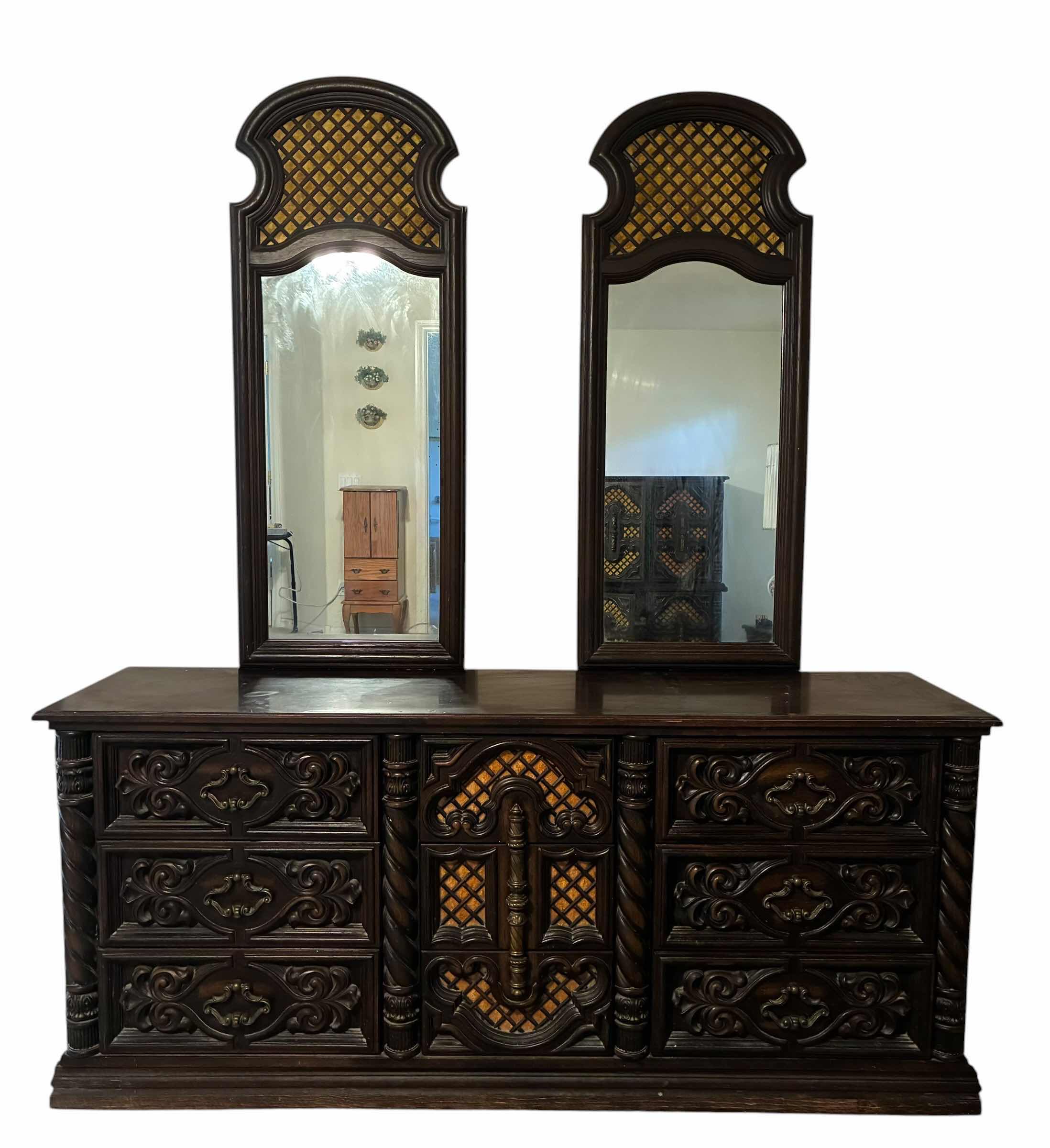 Photo 1 of MID-CENTURY DARK WOOD FINISH VELVET INLAY 9-DRAWER BRASS HANDLE VANITY DRESSER 70” X 19” H80”
