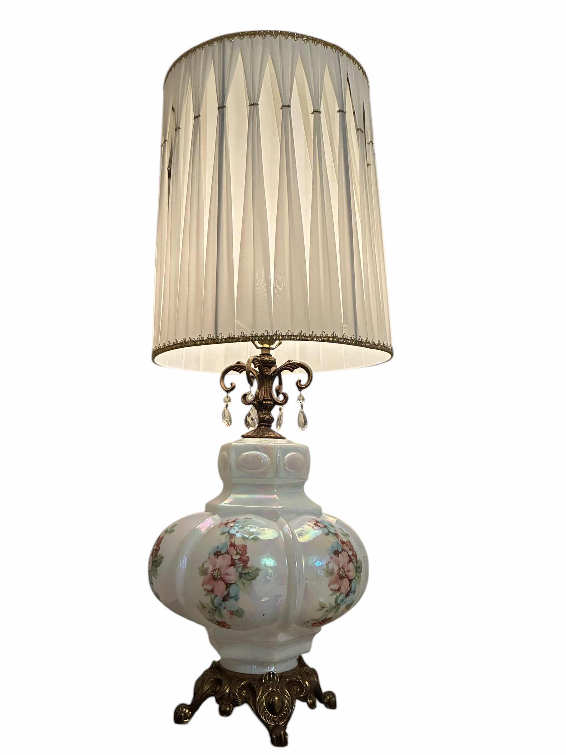Photo 1 of ANTIQUE FLORAL IRIDESCENT PORCELAIN & BRASS TABLE LAMP 16“ X 41“