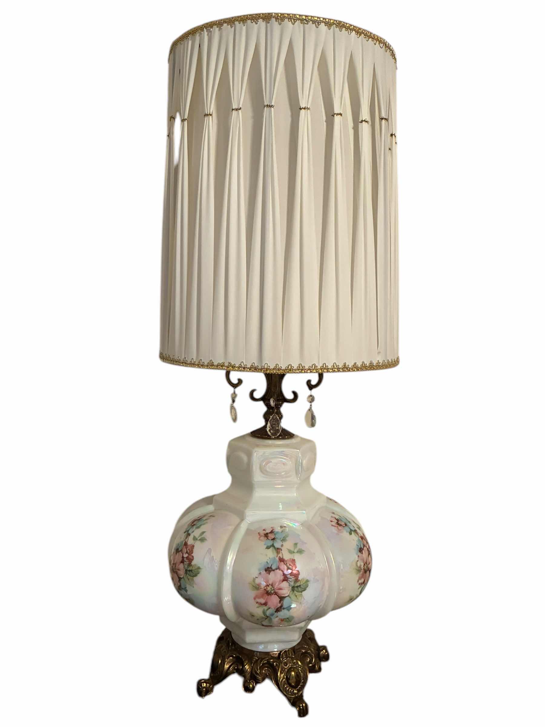 View 2 of ANTIQUE FLORAL IRIDESCENT PORCELAIN & BRASS TABLE LAMP 16“ X 41“