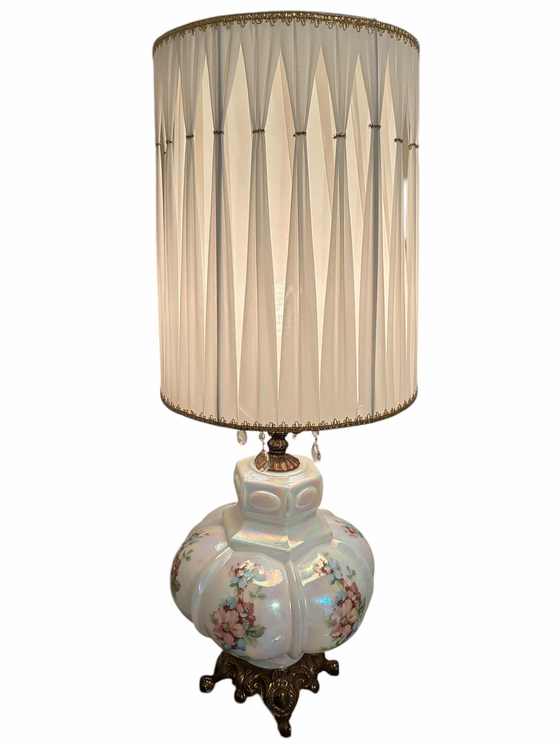 View 3 of ANTIQUE FLORAL IRIDESCENT PORCELAIN & BRASS TABLE LAMP 16“ X 41“