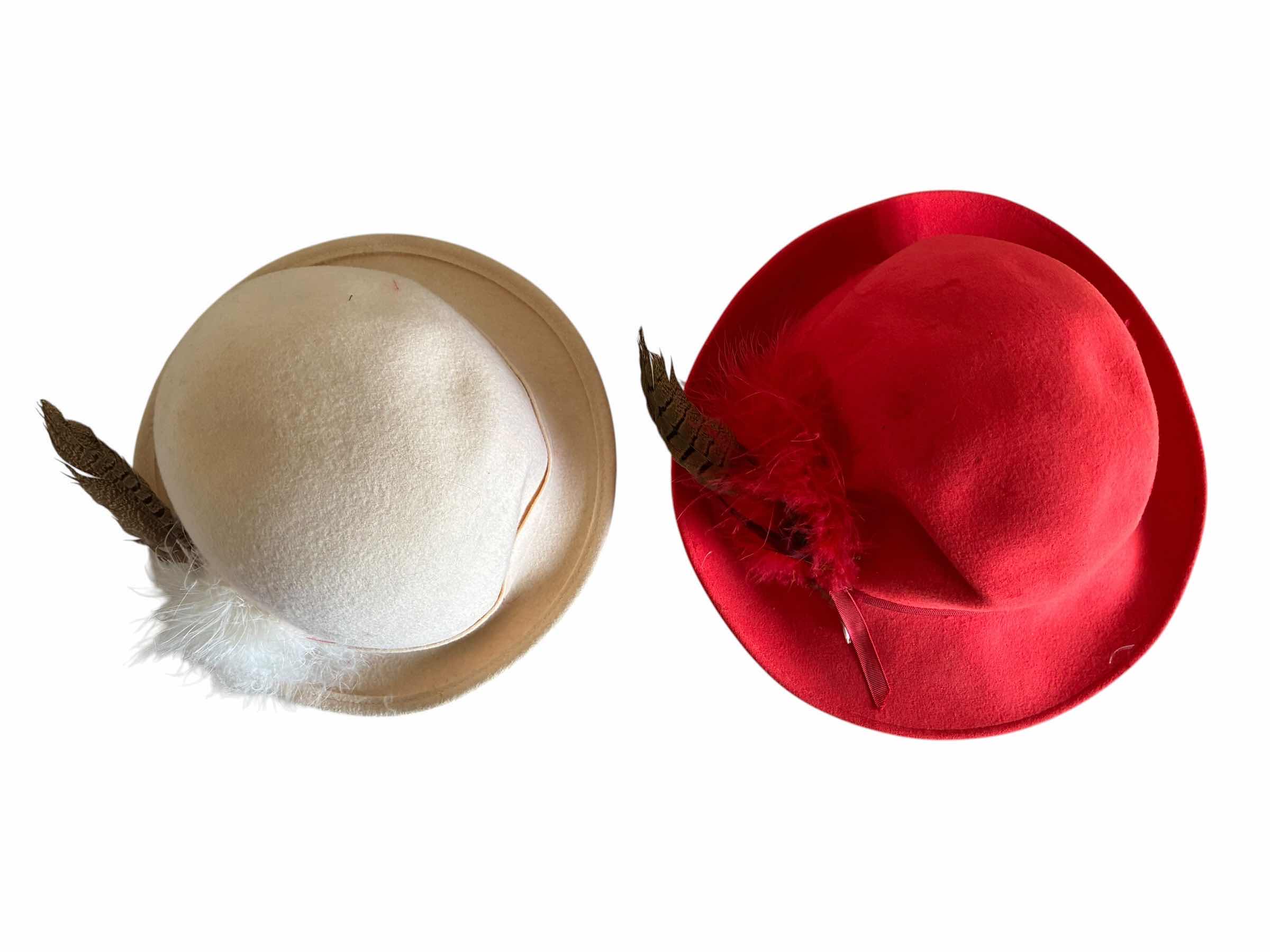 View 3 of VINTAGE CAREER COLLECTION FEATHERED CREAM WOOL BOWLER HAT & VINTAGE RED WOOL BOWLER HAT SIZE 6-7