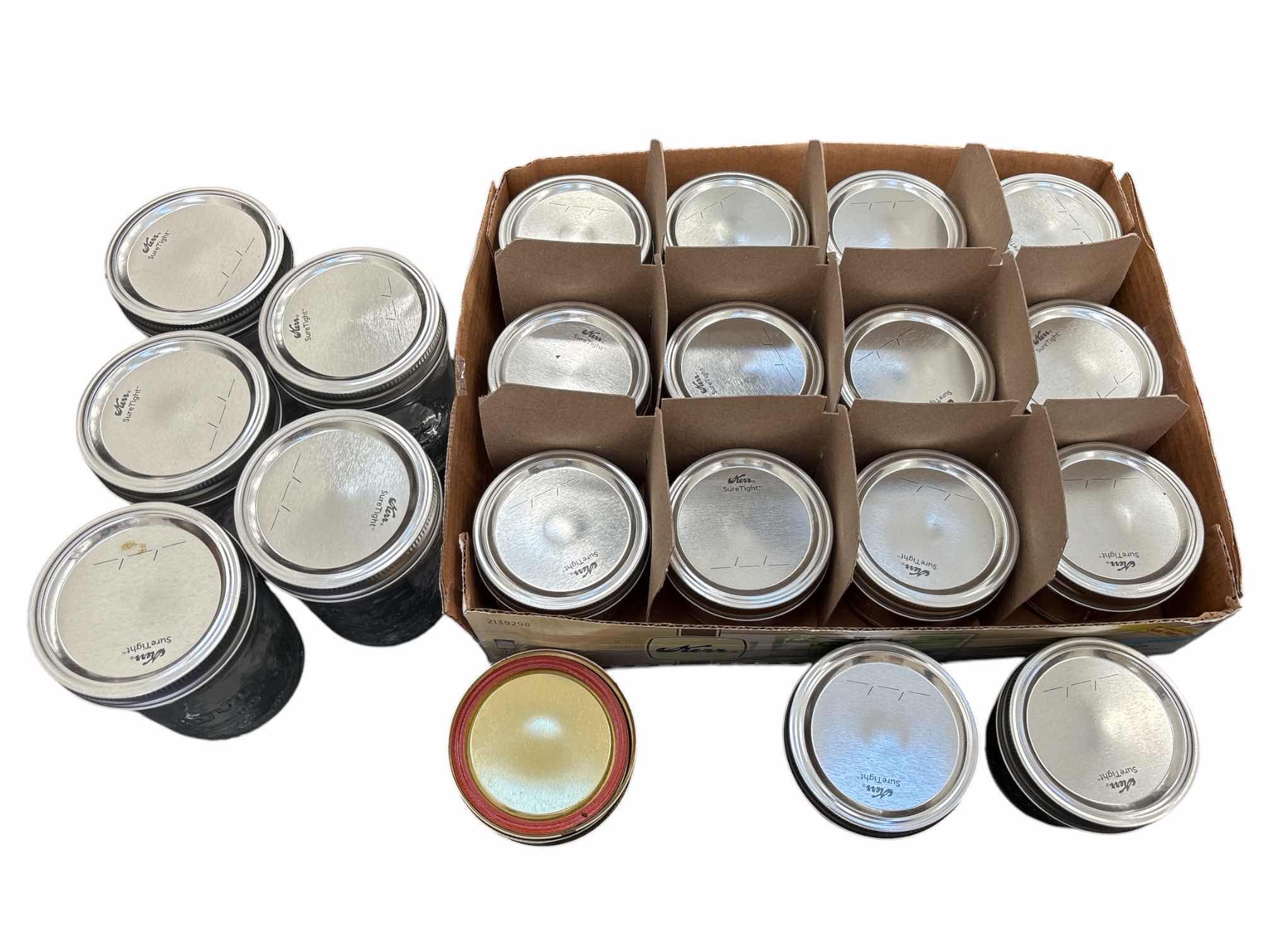 Photo 1 of KERR WIDE MOUTH MASON JARS, 14 WIDE MOUTH HALF PINT JARS & 5 WIDE MOUTH PINT JARS W LIDS & BANDS (19 JARS TOTAL)
