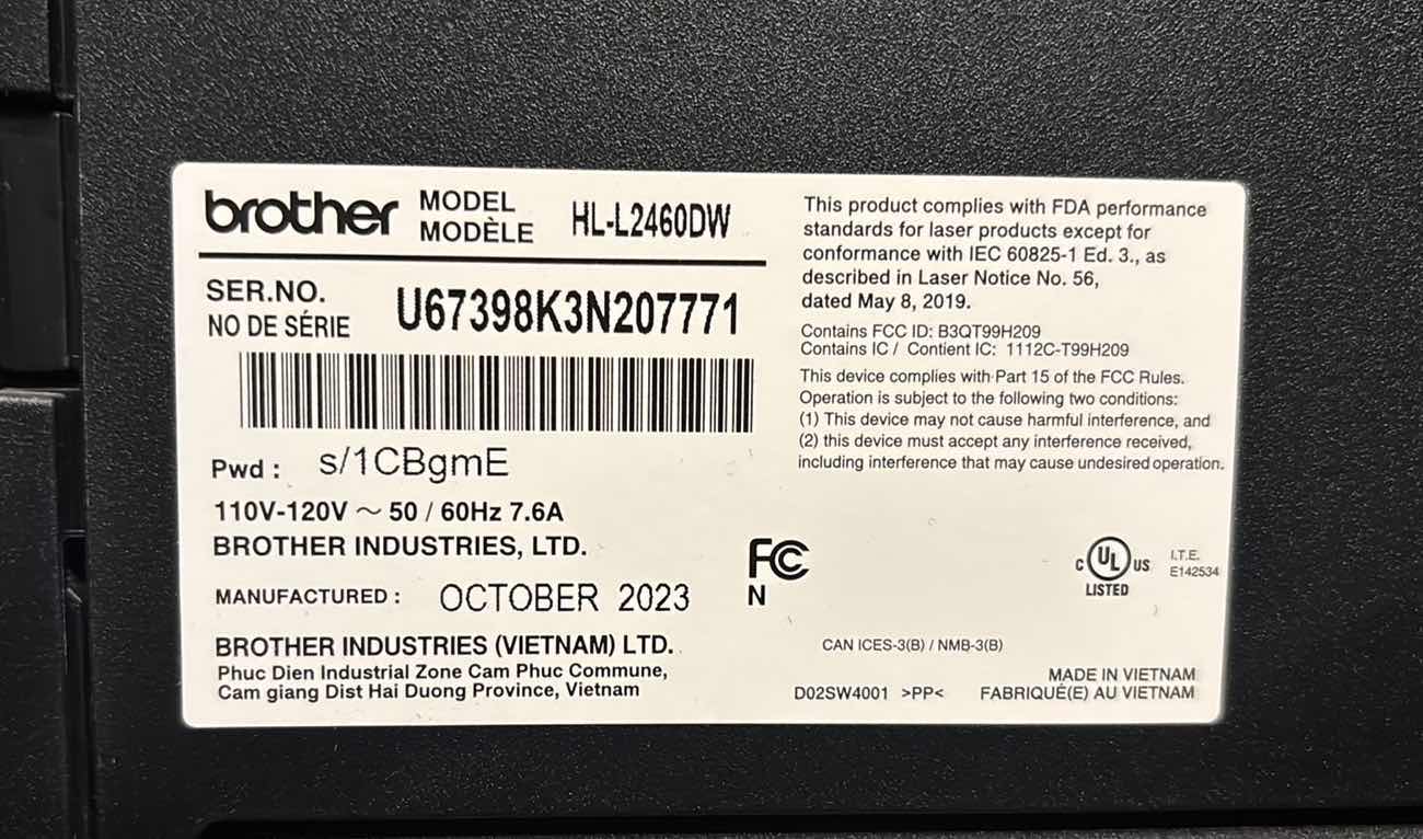 Photo 1 of BROTHER COMPACT WIRELESS LASER PRINTER (HL-L2460DW)