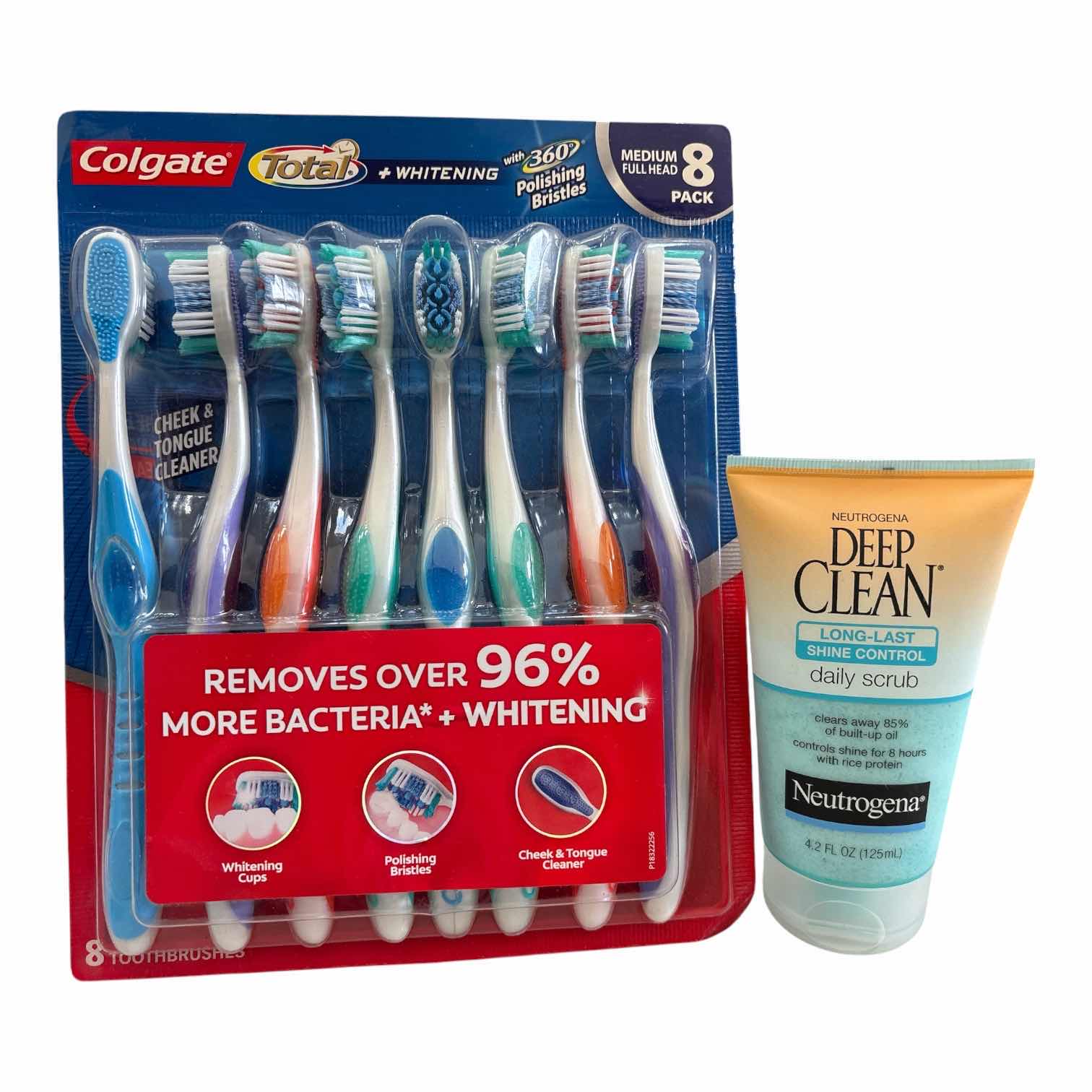Photo 1 of COLGATE TOTAL WHITENING W 360 POLISHING BRISTLES 8-PACK MEDIUM FULL HEAD TOOTHBRUSHES & NEUTROGENA DEEP CLEAN LONG LAST SHINE CONTROL DAILY SCRUB 4.2 FL OZ