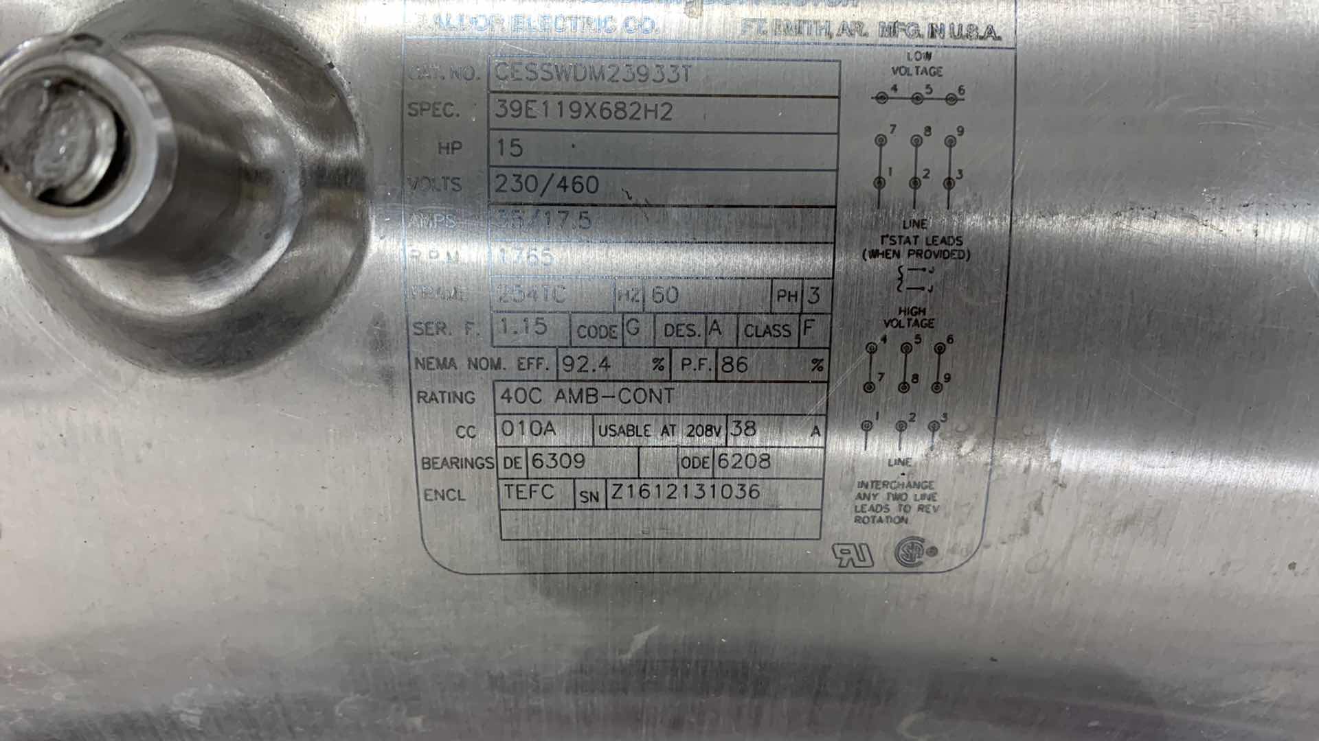 Photo 2 of BALDOR RELIANCE STAINLESS STEEL WASH DOWN DUTY MOTOR CESSWDM23933T 