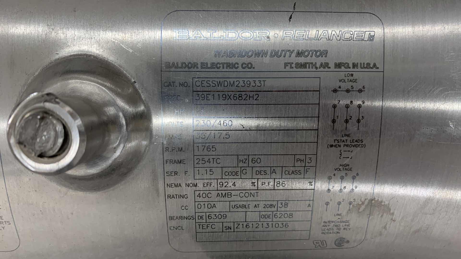 Photo 3 of BALDOR RELIANCE STAINLESS STEEL WASH DOWN DUTY MOTOR CESSWDM23933T 