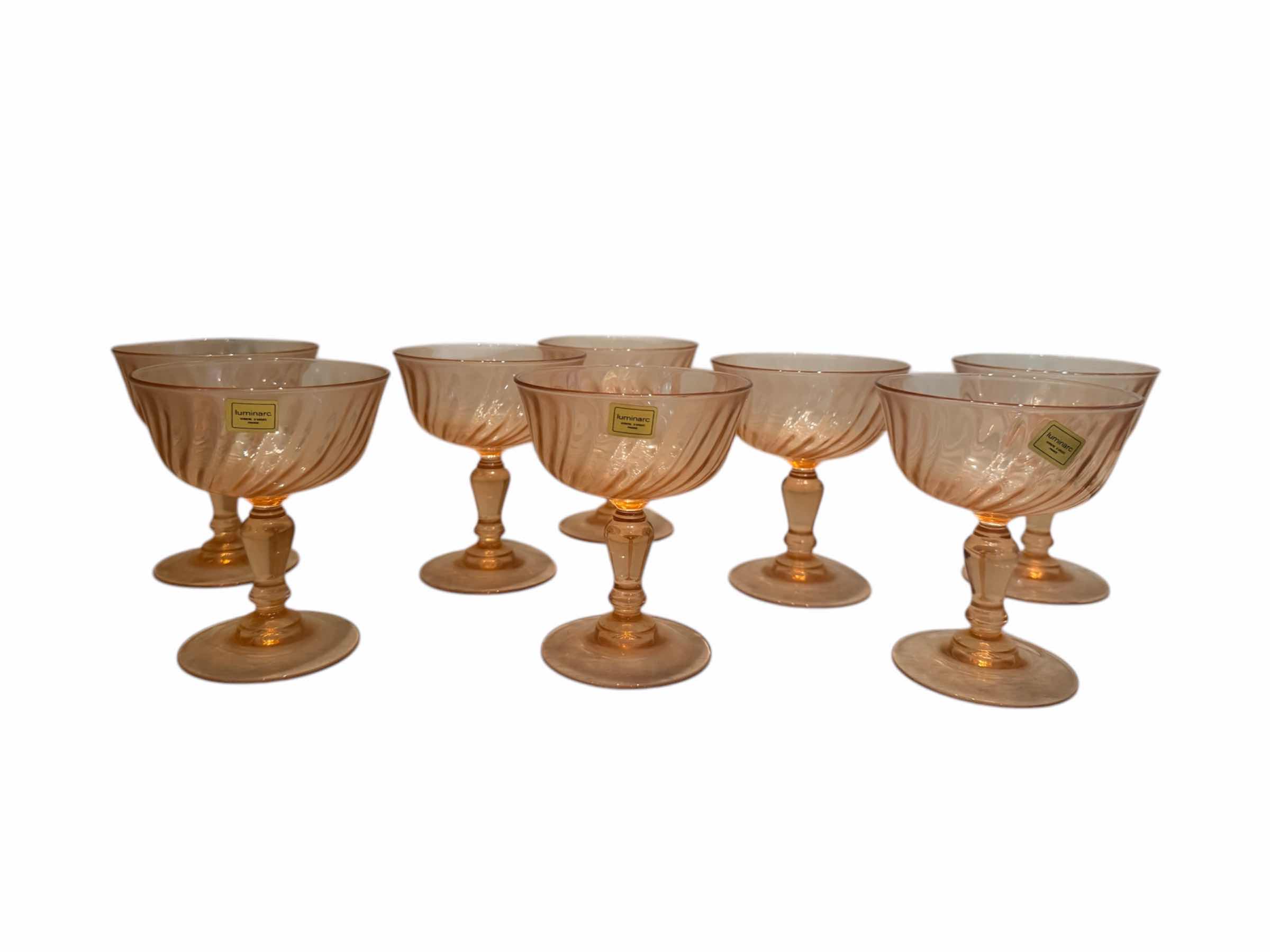 Photo 1 of 8-VINTAGE FRENCH LUMINARC ROSALINE PINK SWIRL GLASSES-D4”X H4.5”