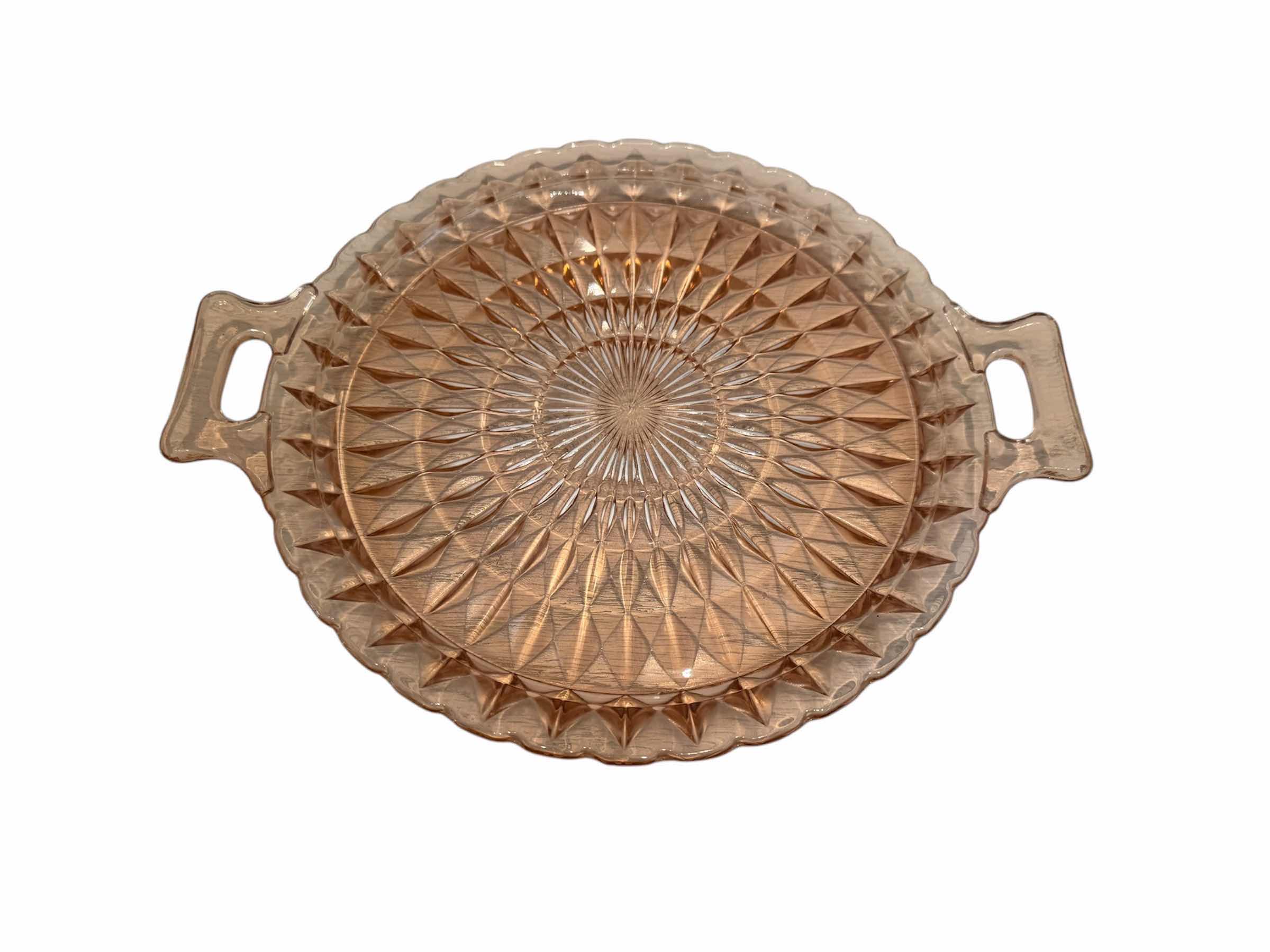 Photo 2 of 4-VINTAGE DEPRESSION ERA PINK GLASS HANDLED TEA TRAYS D11”