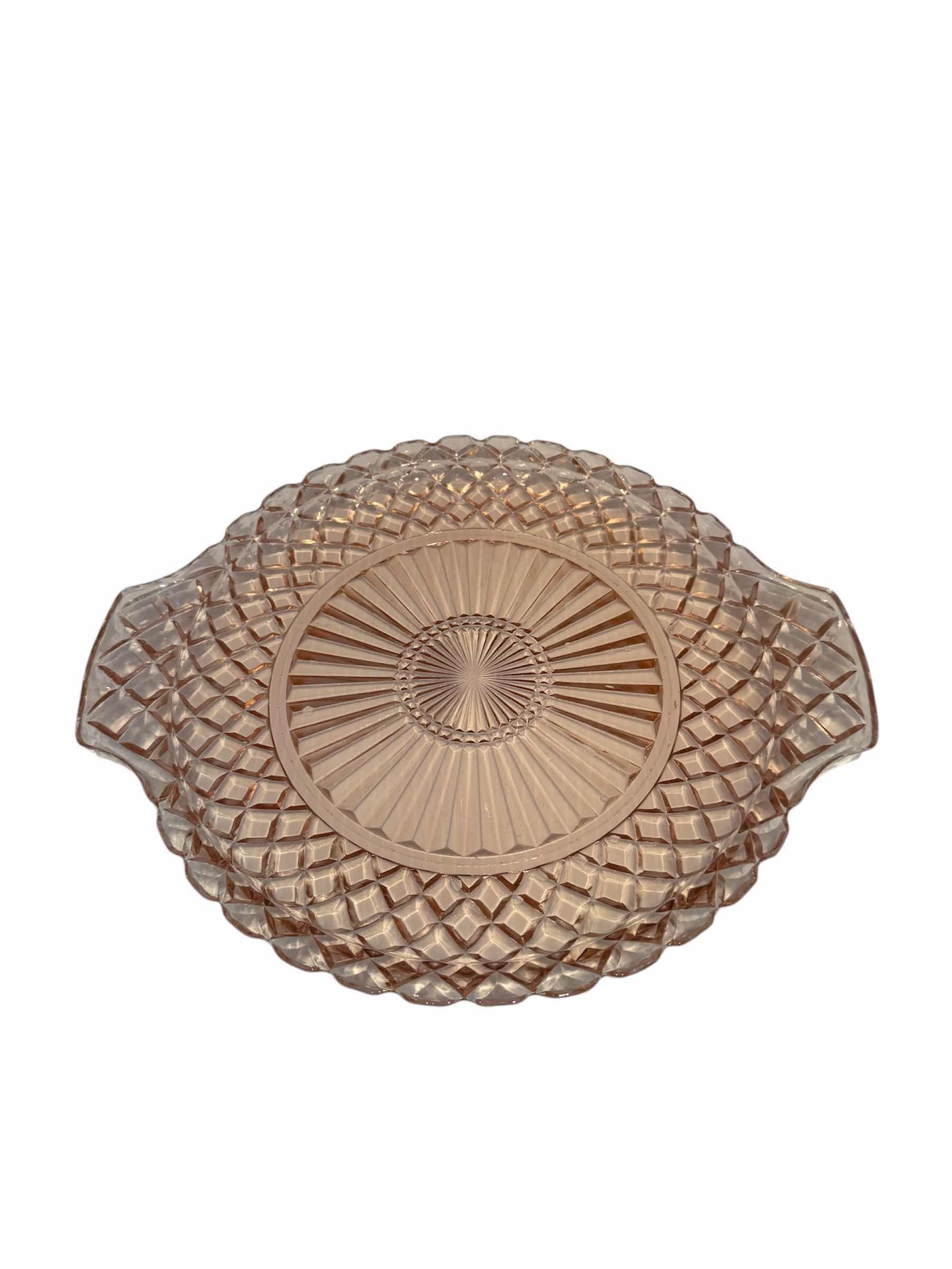 Photo 1 of 3-VINTAGE PINK DEPRESSION GLASS SERVING TRAYS, EACH TRAY 
13” X 10” X H1.5”
13” X 9.5” X H1.5”
12” X 10” X H.5”