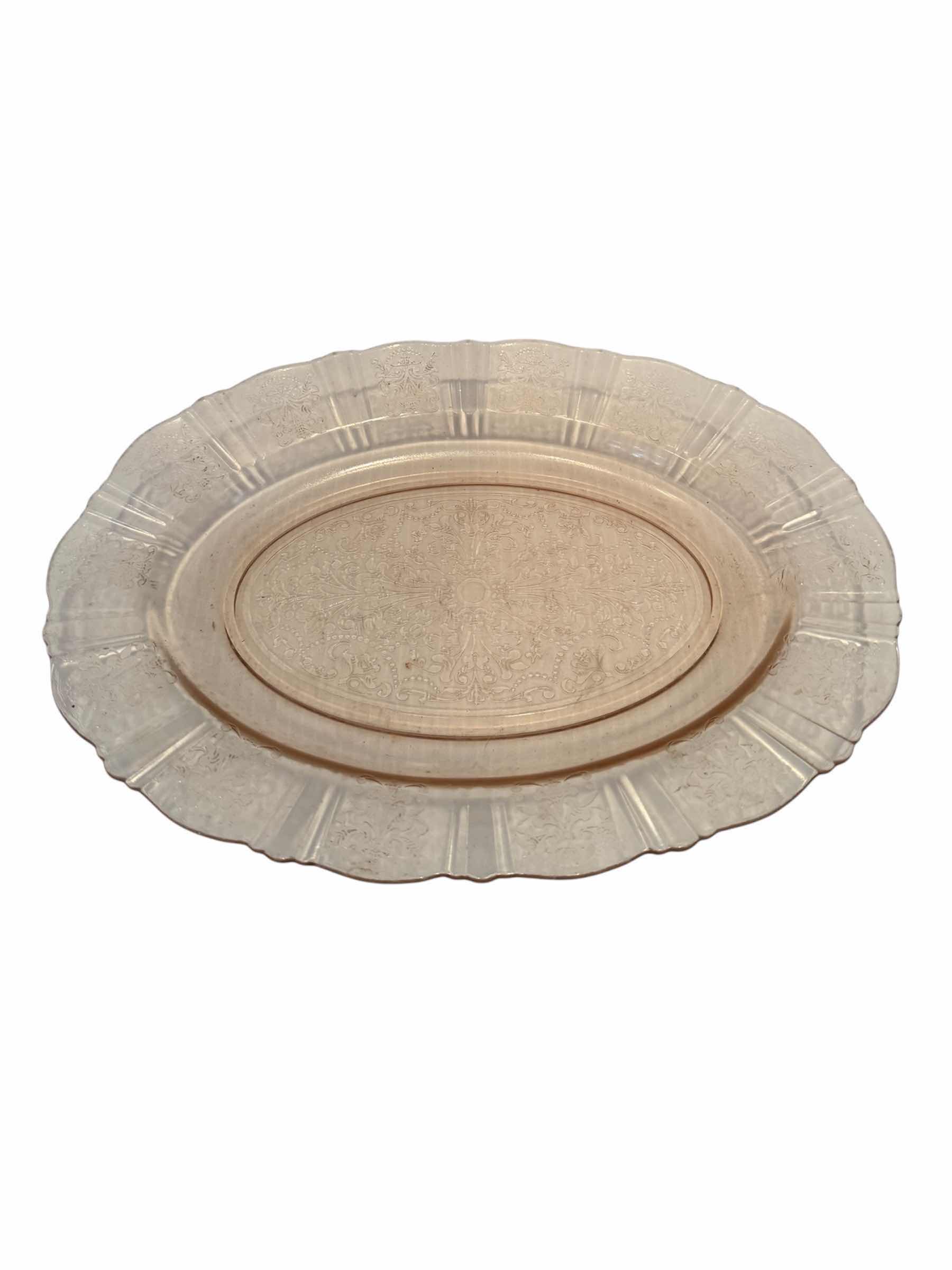 Photo 1 of 3-VINTAGE PINK DEPRESSION GLASS SERVING TRAYS, EACH TRAY 
13” X 10” X H1.5”
13” X 9.5” X H1.5”
12” X 10” X H.5”