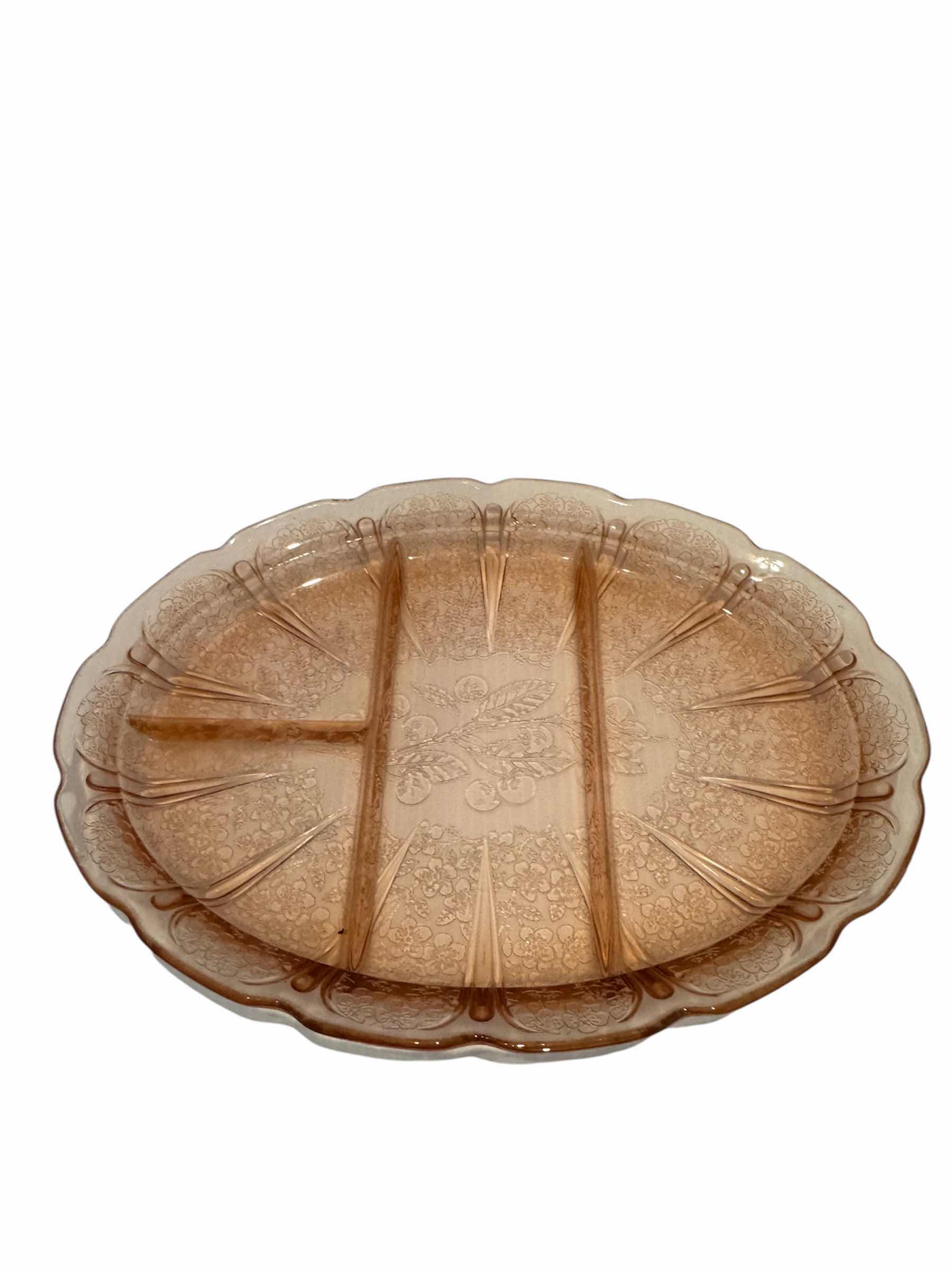 Photo 1 of 3-VINTAGE PINK DEPRESSION GLASS SERVING TRAYS, EACH TRAY 
13” X 10” X H1.5”
13” X 9.5” X H1.5”
12” X 10” X H.5”