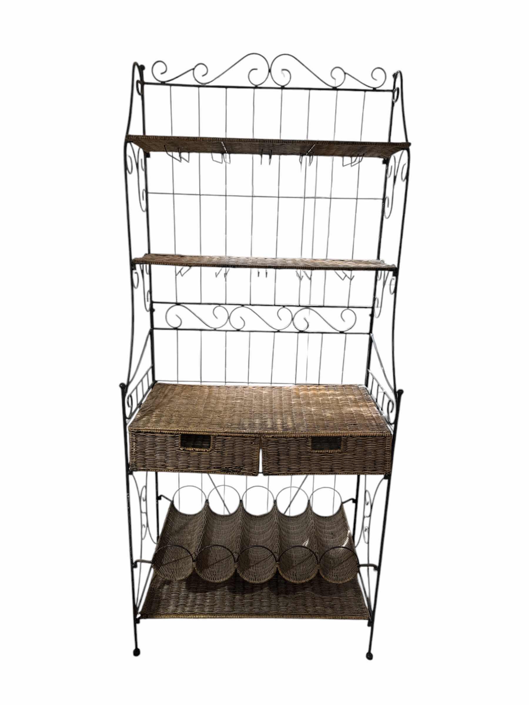 Photo 1 of METAL AND WICKER BAKERS RACK WITH DRAWERS ANS WINE STORAGE
29” x 15” H 72 “