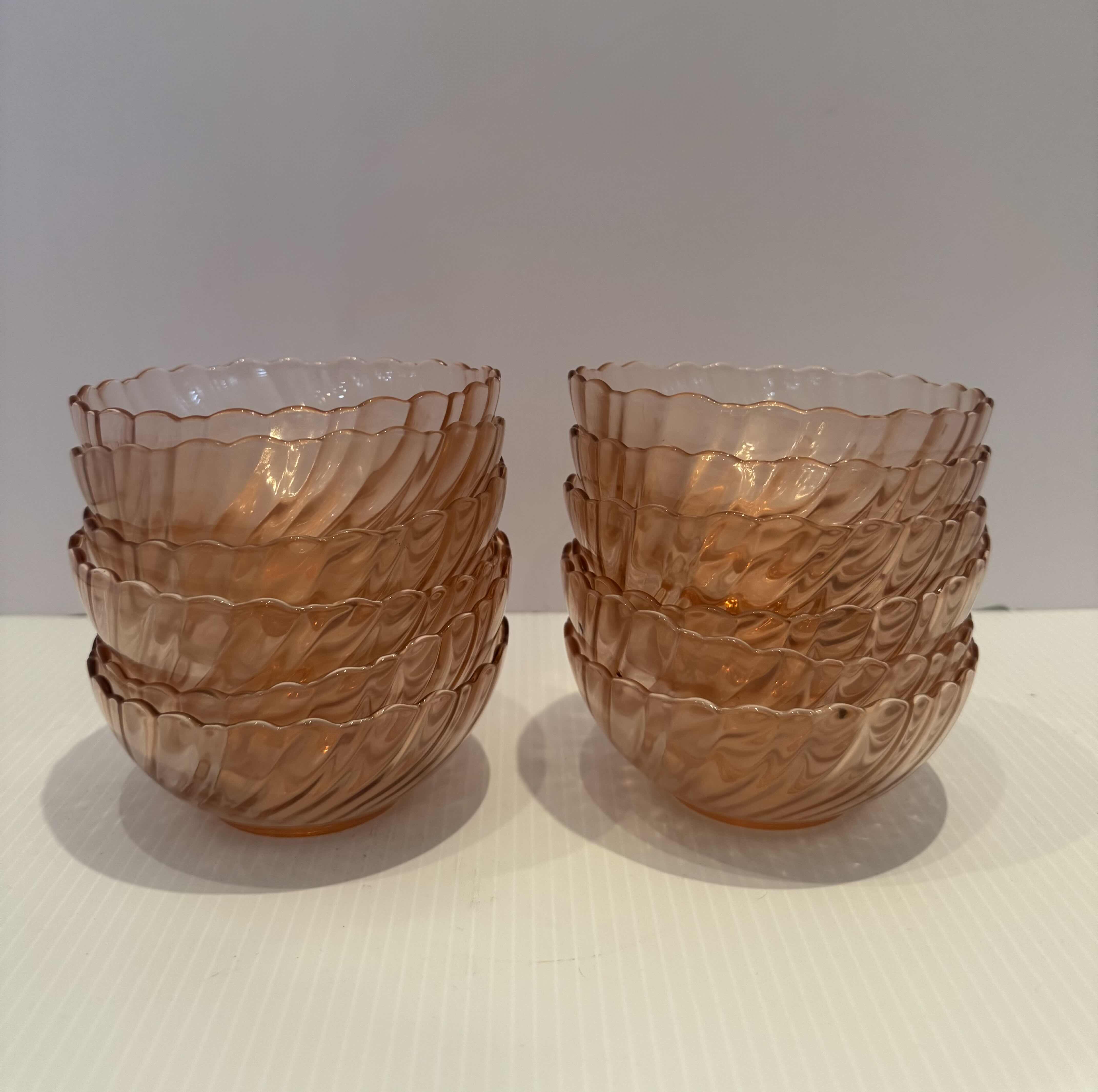 Photo 1 of 12-VINTAGE ROSALINE PINK DEPRESSION GLASS BOWLS, ARCOROC FRANCE GLASS.
D5” X H2”