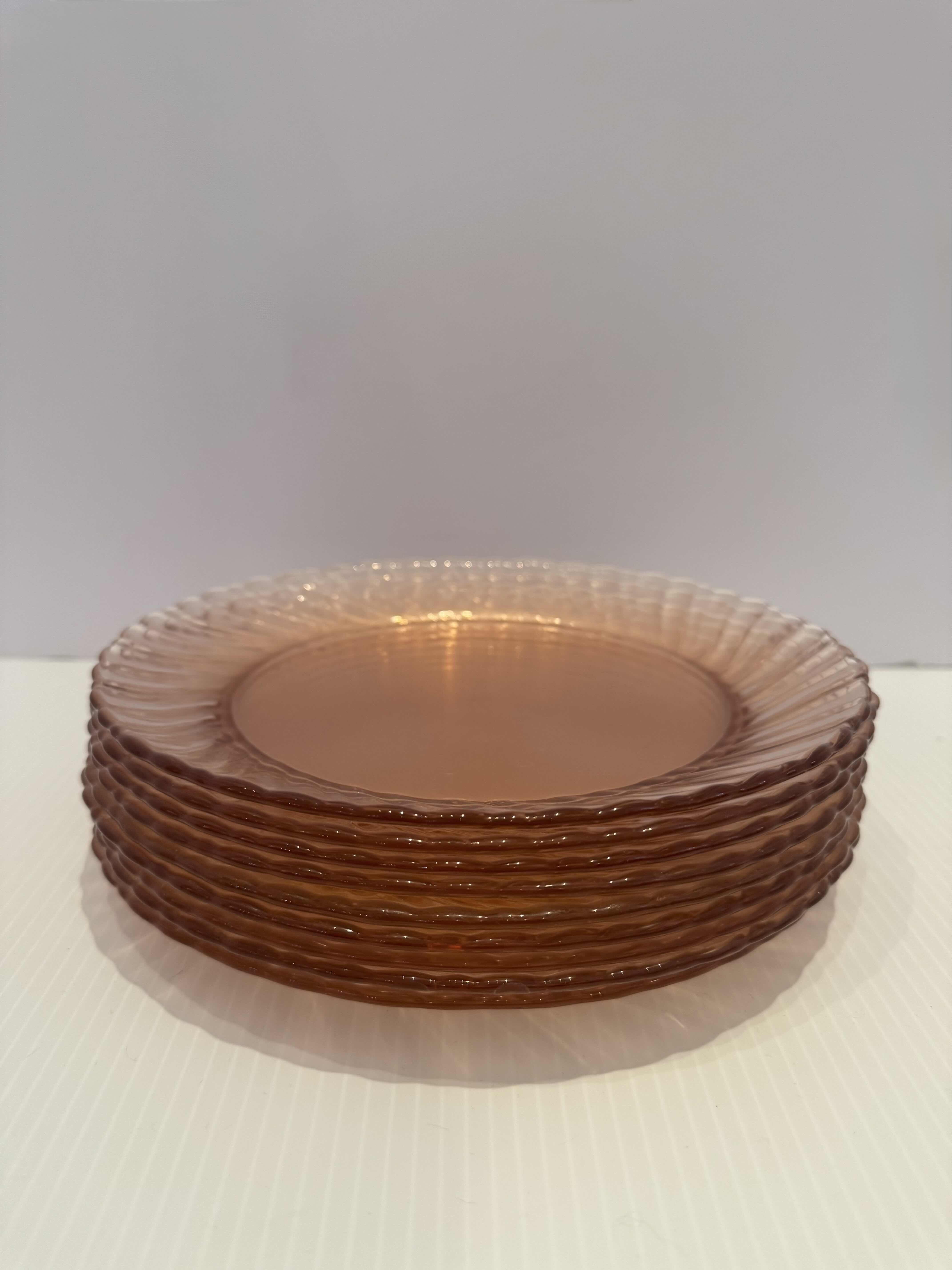 Photo 2 of 8-VINTAGE PINK ROSALINE SWIRL DEPRESSION GLASS, ARCOROC FRANCE, LUNCHEON PLATES, D9”