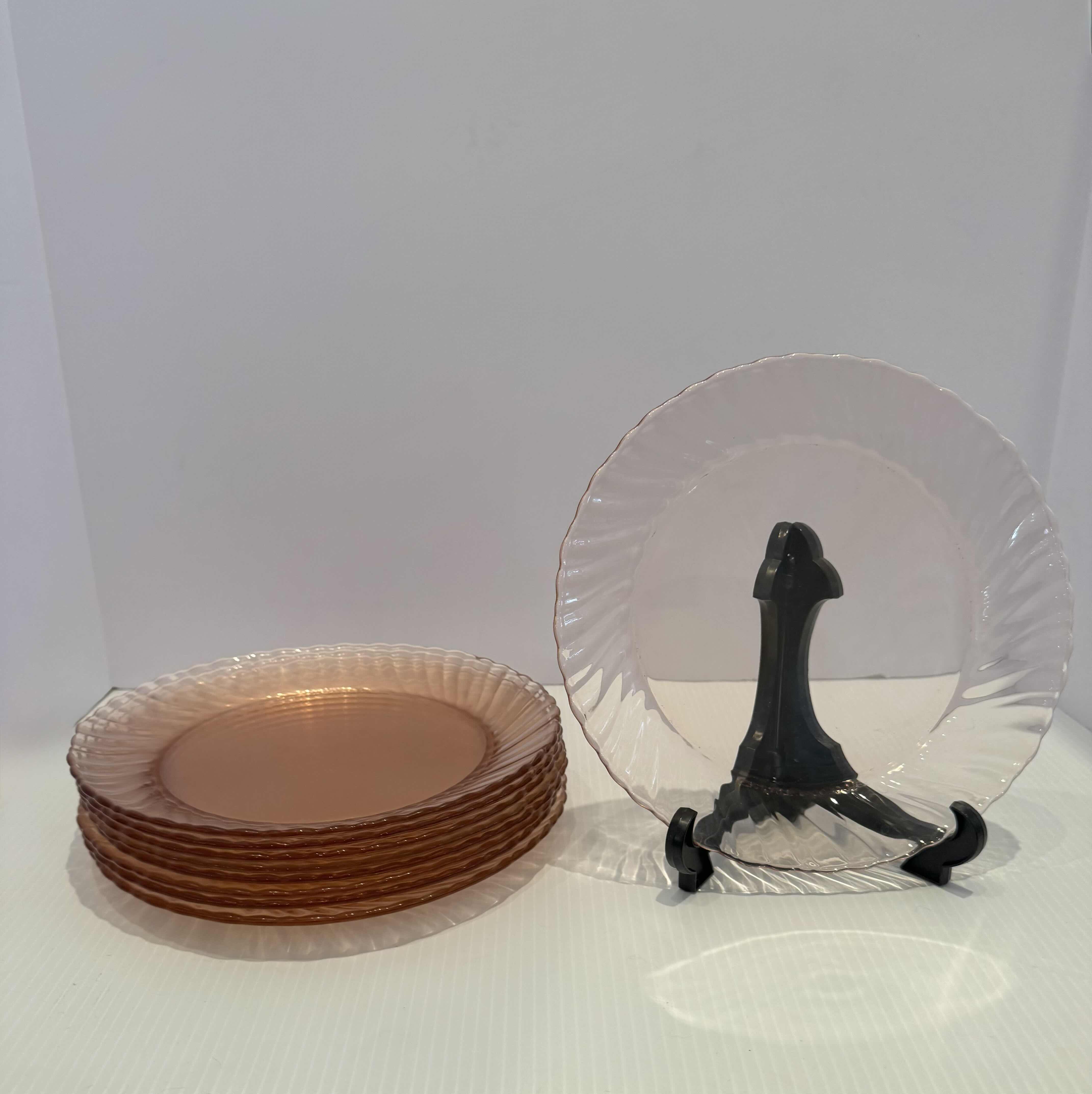 Photo 1 of 8-VINTAGE PINK ROSALINE SWIRL DEPRESSION GLASS, ARCOROC FRANCE, LUNCHEON PLATES, D9”