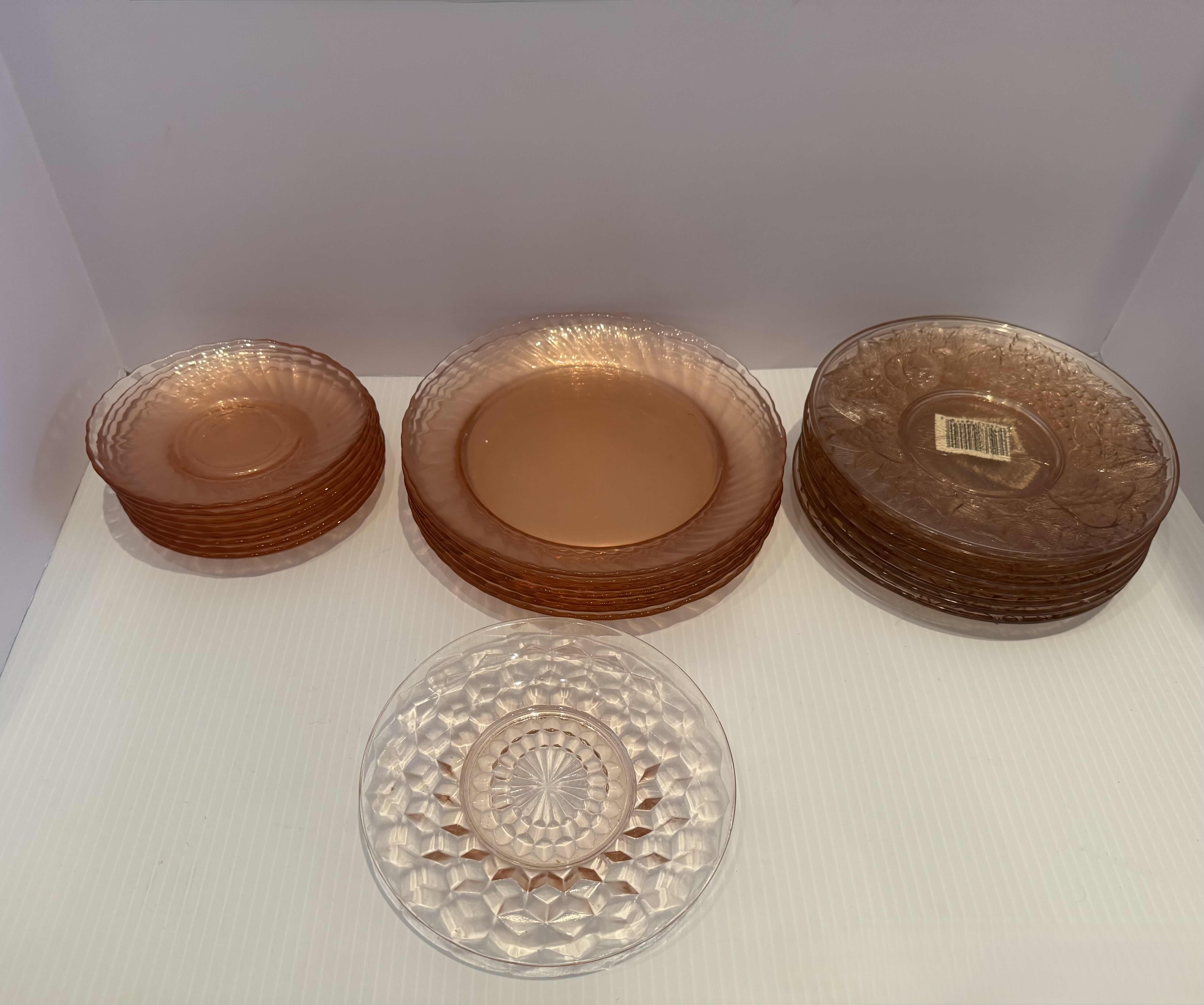 Photo 1 of 24-VINTAGE PINK DEPRESSION GLASS PLATES, SET OF 24
