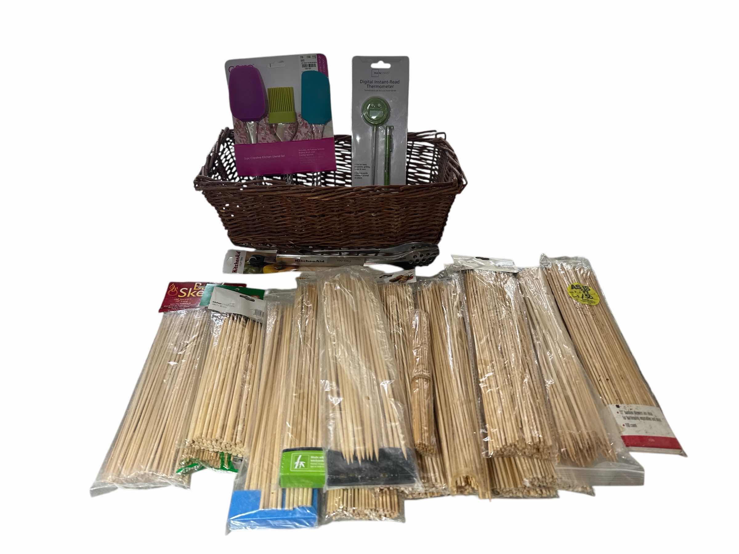 Photo 1 of 15 PACKAGES OF VARIOUS SIZED BAMBOO SKEWERS, DIGITAL THERMOMETER AND SPATULAS WITH BASTING BRUSH