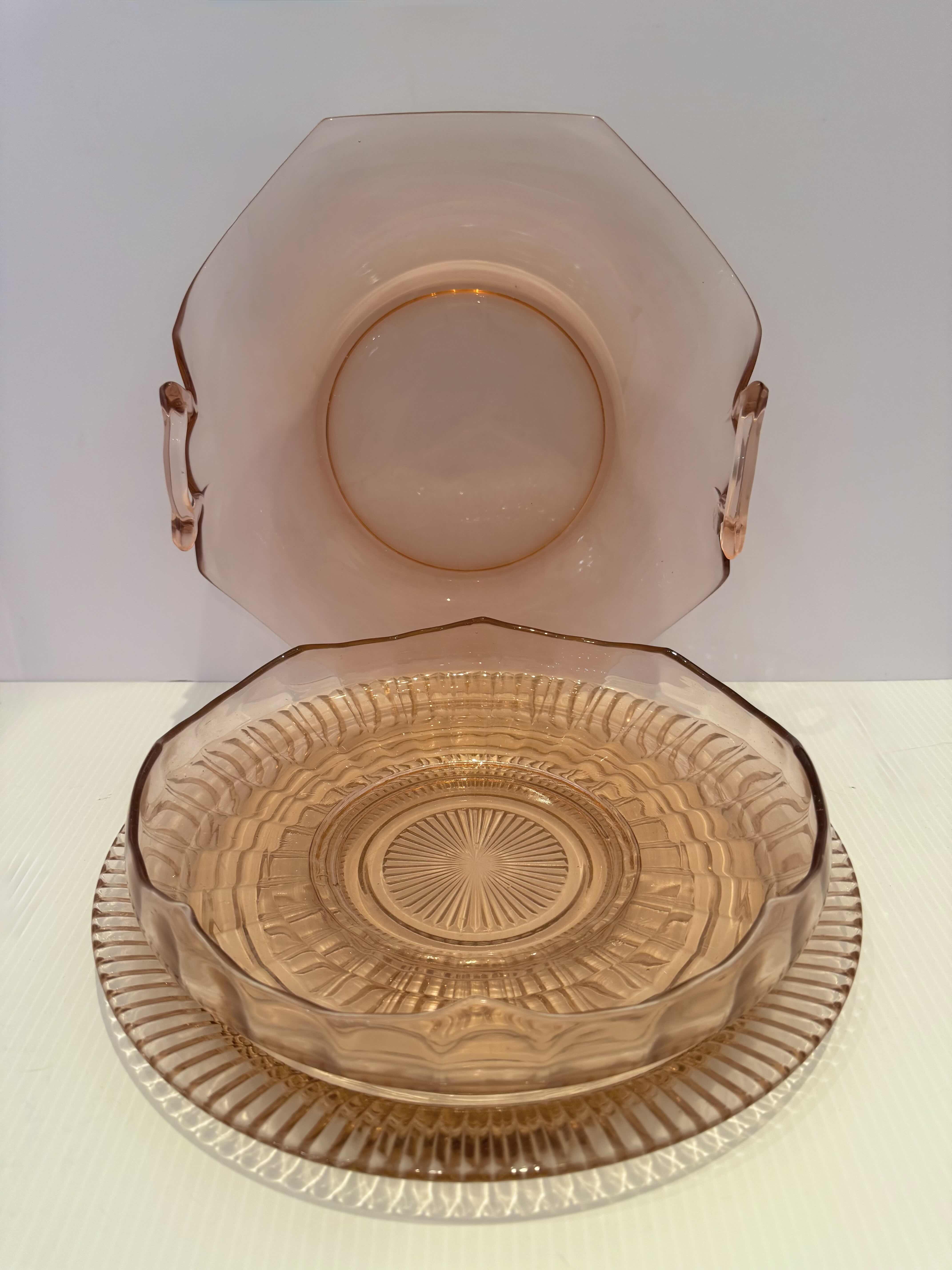 Photo 1 of 3-VINTAGE PINK DEPRESSION GLASS SERVING TRAY, BOWL, AND PLATE, SET OF 3 10"D





