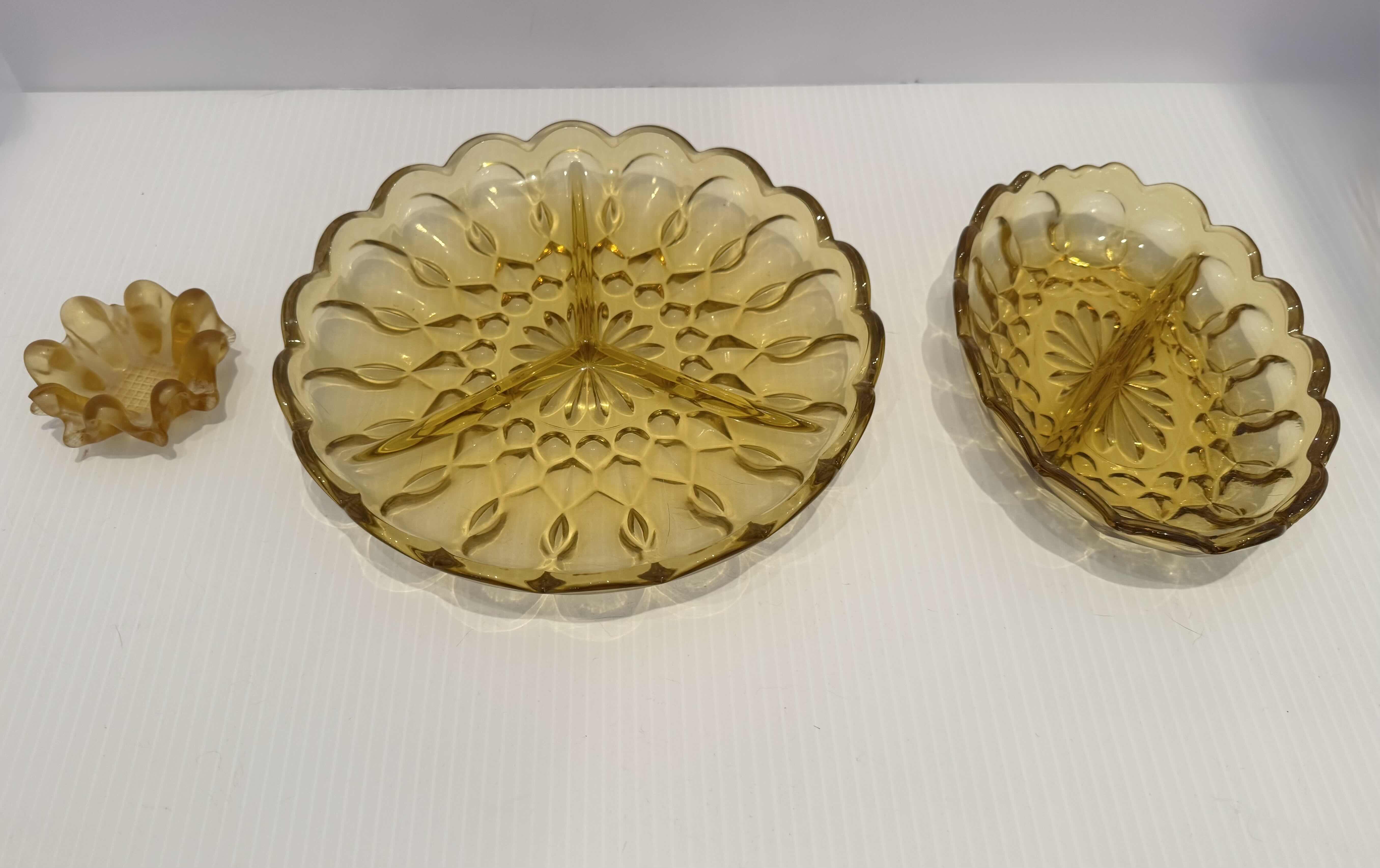 Photo 1 of 3-VINTAGE GOLDEN AMBER GLASS, SMALL BOWL
D3” X H1”
MEDIUM 
7” X 5” X H1.5”
LARGE 
D8.5” X H1.5”