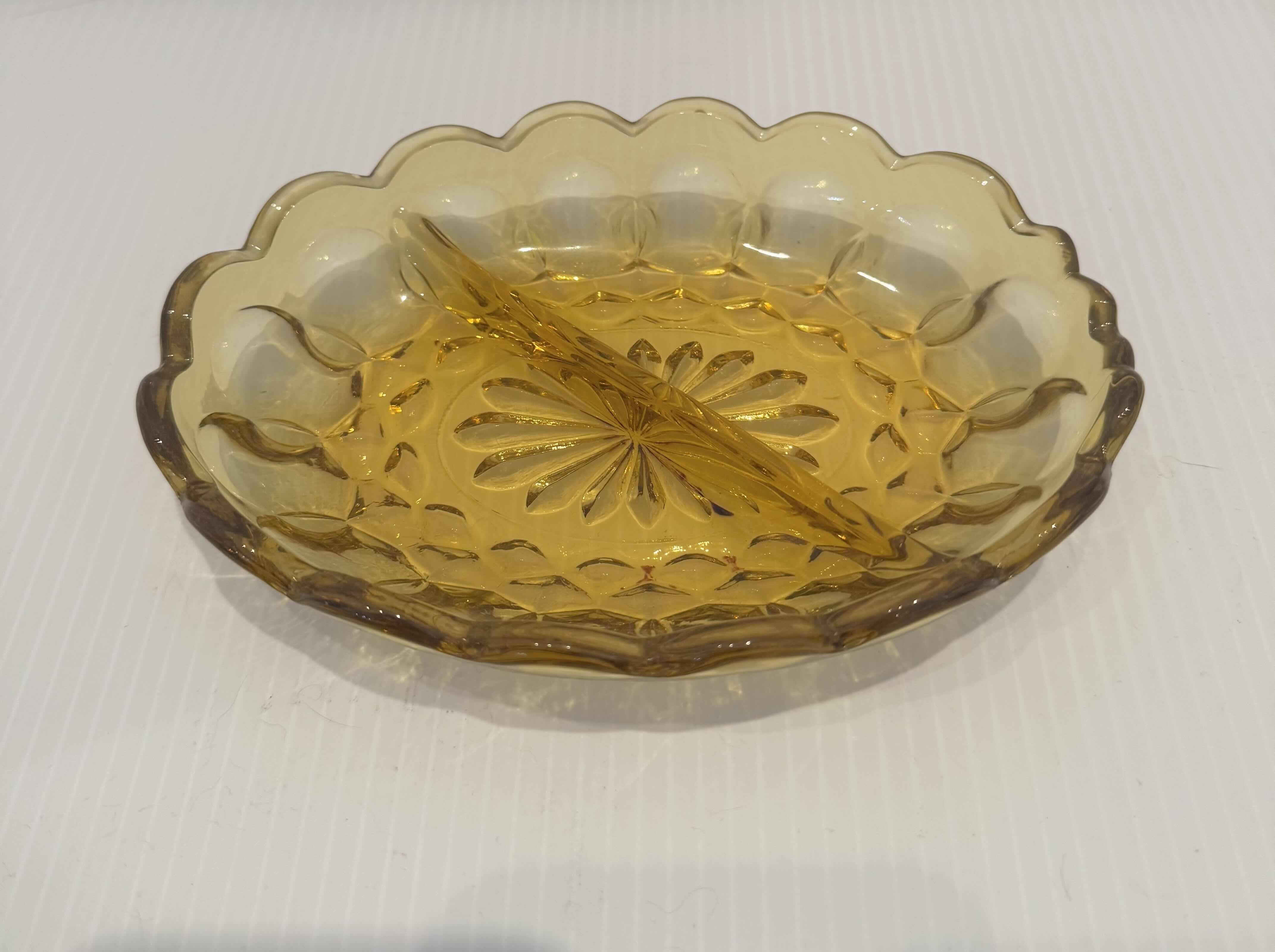 Photo 2 of 3-VINTAGE GOLDEN AMBER GLASS, SMALL BOWL
D3” X H1”
MEDIUM 
7” X 5” X H1.5”
LARGE 
D8.5” X H1.5”