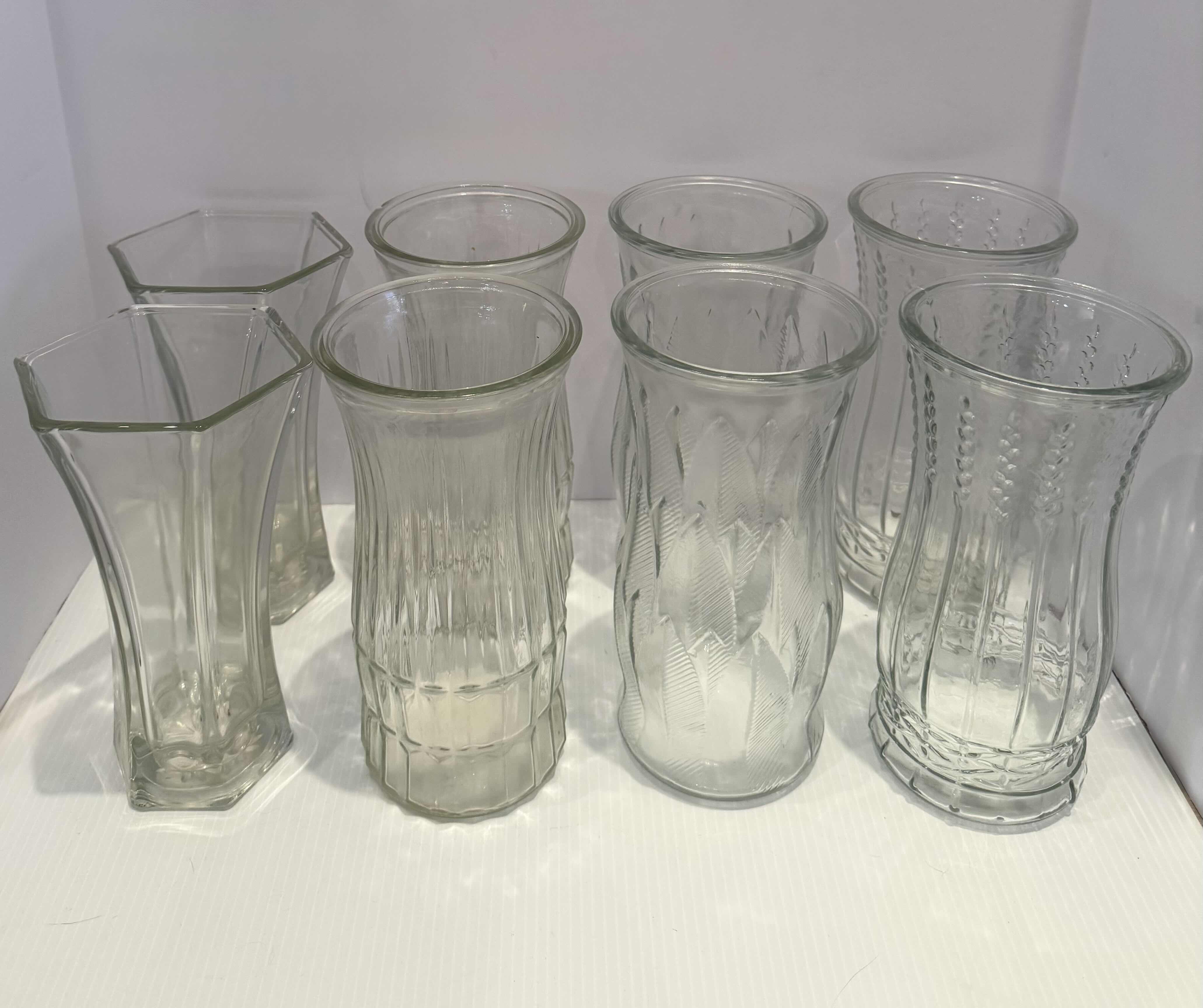 Photo 1 of 8-GLASS FLOWER VASES, D5” X H9.5”