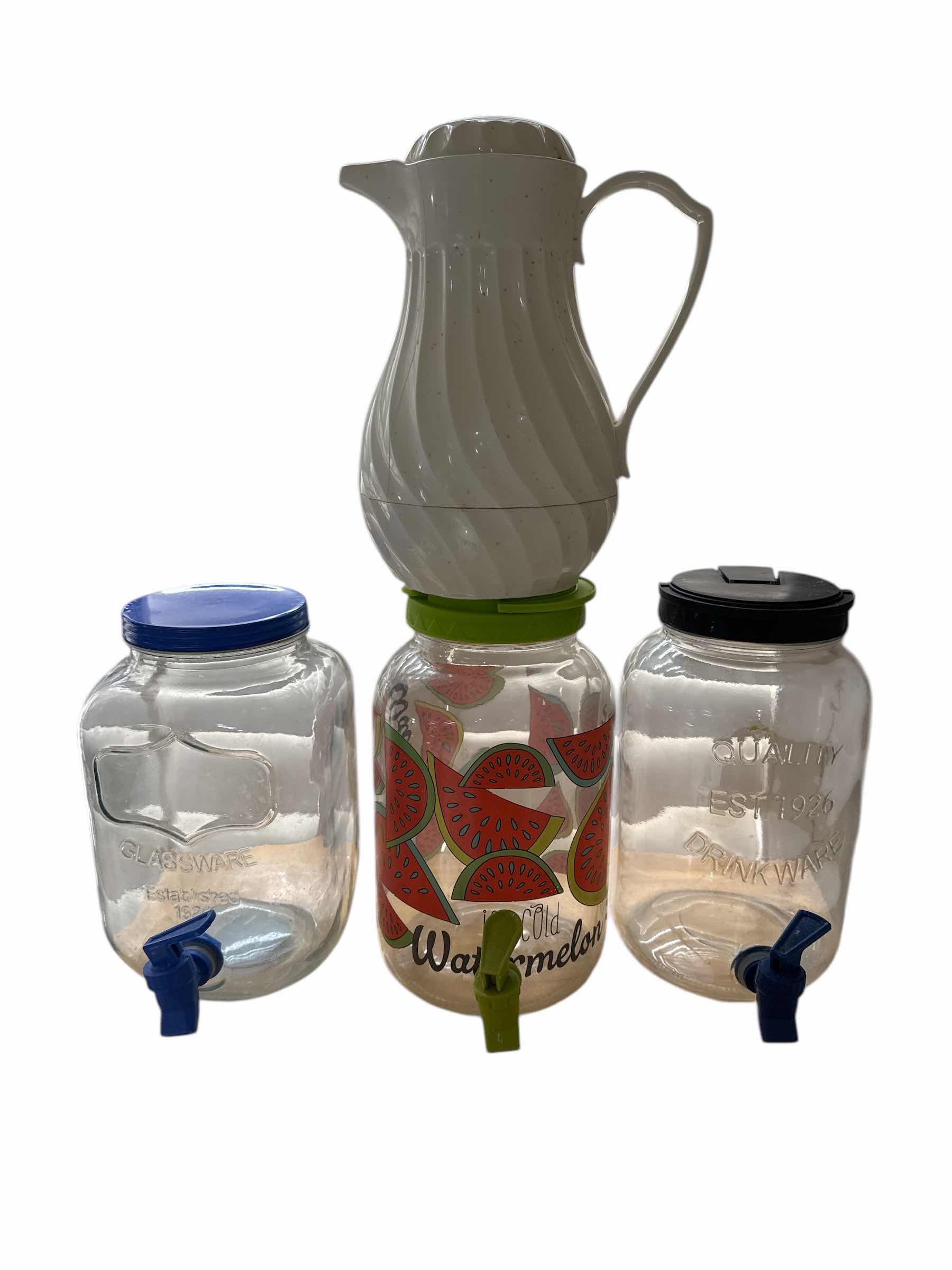 Photo 1 of 3 GLASS DRINK DISPENSERS AND 1 PLASTIC PITCHER