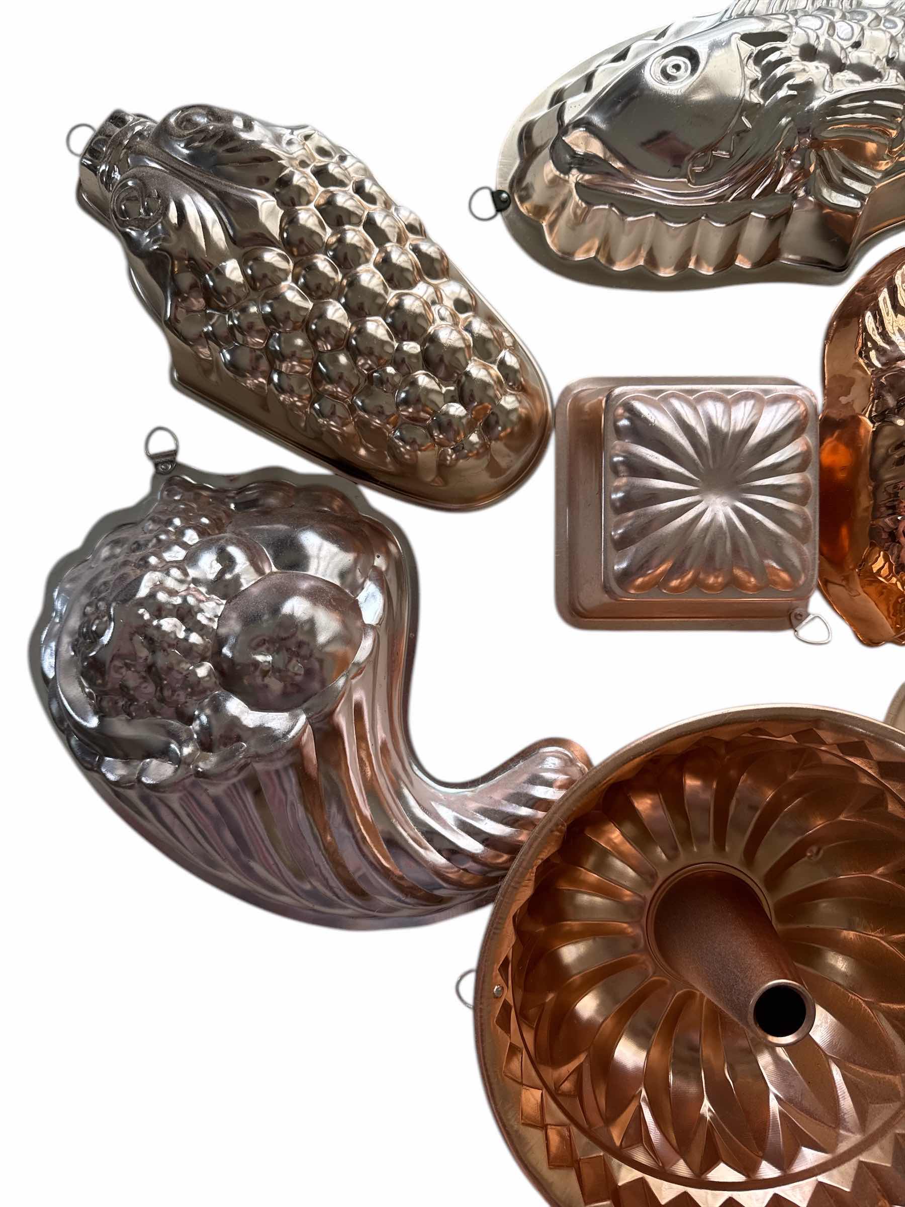 Photo 1 of 8 VINTAGE COPPER JELLO MOLDS AND 1 CAT MOLD