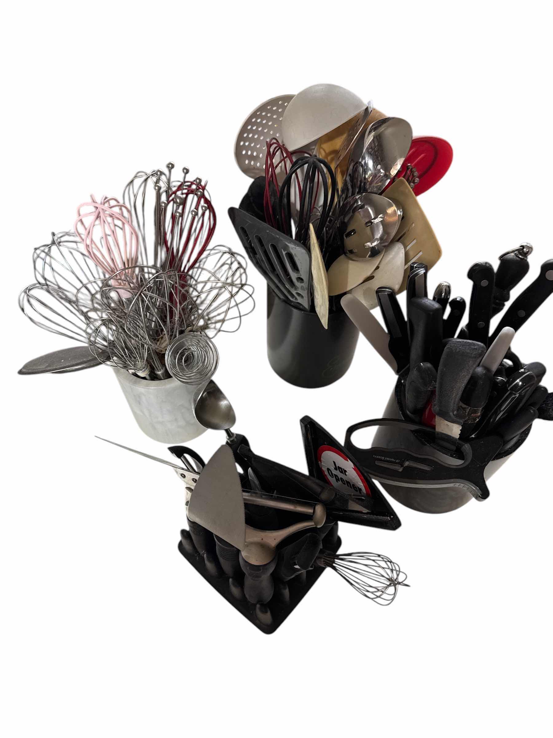 Photo 1 of 3 CROCKS (2 ARE MARBLE) OF KITCHEN UTENSILS AND 1 BLACK UTENSIL HOLDER WITH KITCHEN TOOLS