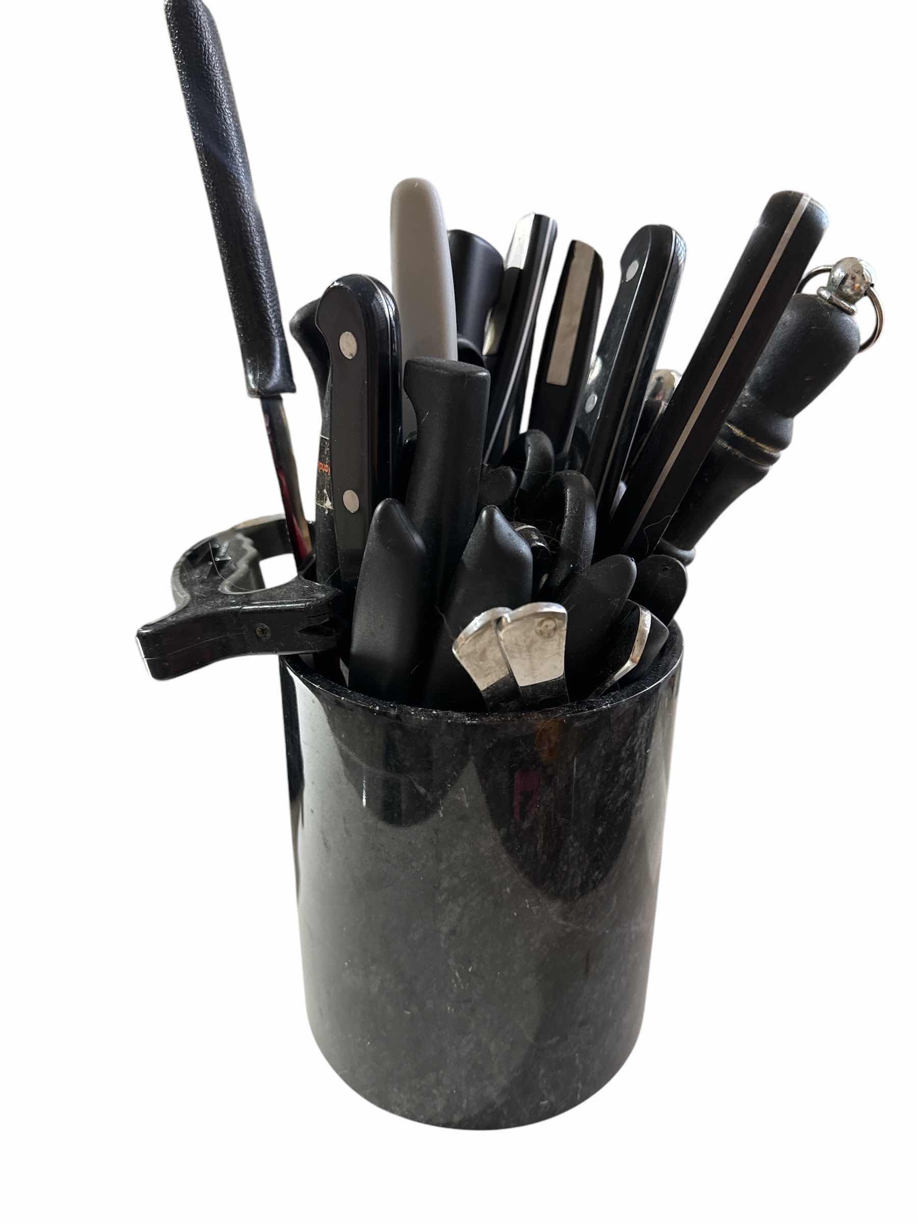 Photo 1 of 3 CROCKS (2 ARE MARBLE) OF KITCHEN UTENSILS AND 1 BLACK UTENSIL HOLDER WITH KITCHEN TOOLS