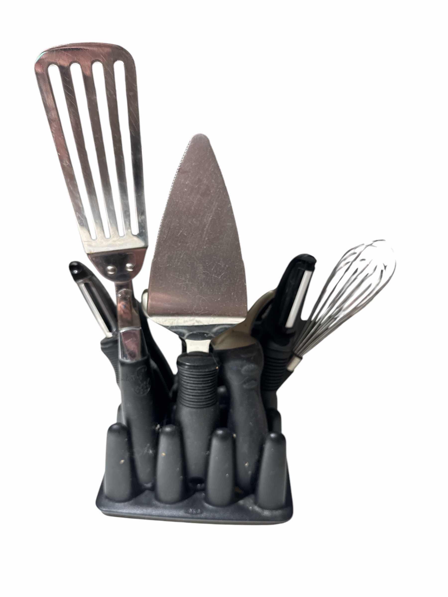 Photo 1 of 3 CROCKS (2 ARE MARBLE) OF KITCHEN UTENSILS AND 1 BLACK UTENSIL HOLDER WITH KITCHEN TOOLS
