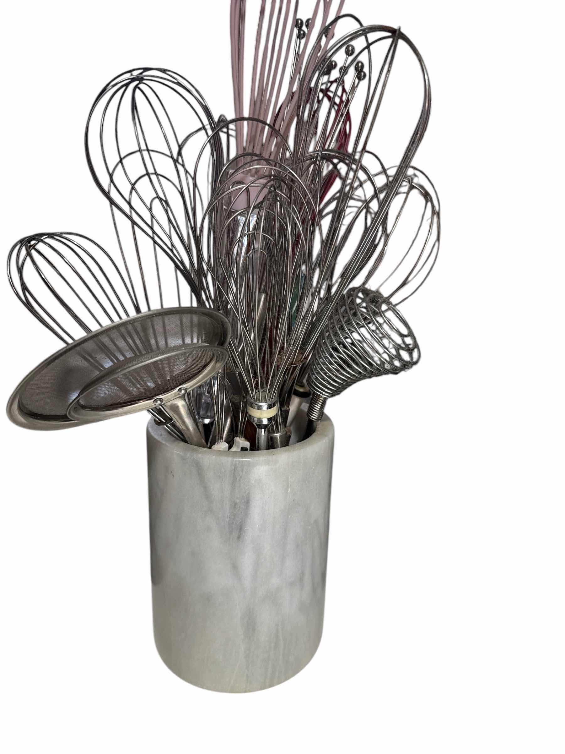 Photo 1 of 3 CROCKS (2 ARE MARBLE) OF KITCHEN UTENSILS AND 1 BLACK UTENSIL HOLDER WITH KITCHEN TOOLS