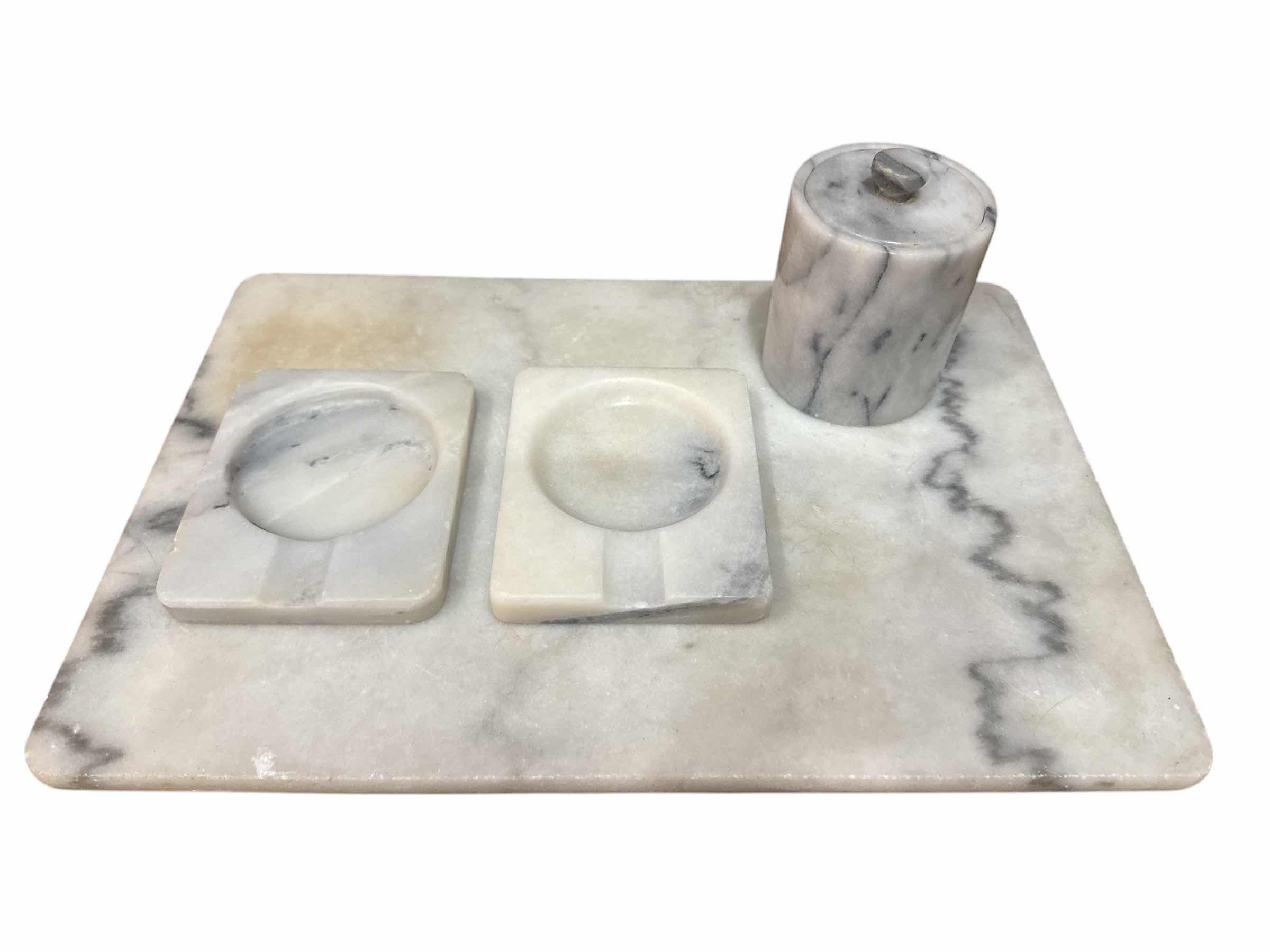 Photo 1 of 5 PIECE MARBLE SET 18” X 12” MARBLE CUTTING BOARD, (2) MARBLE SPOON RESTS AND (1) LIDDED MARBLE CONTAINER (1) PAPER TOWEL HOLDER