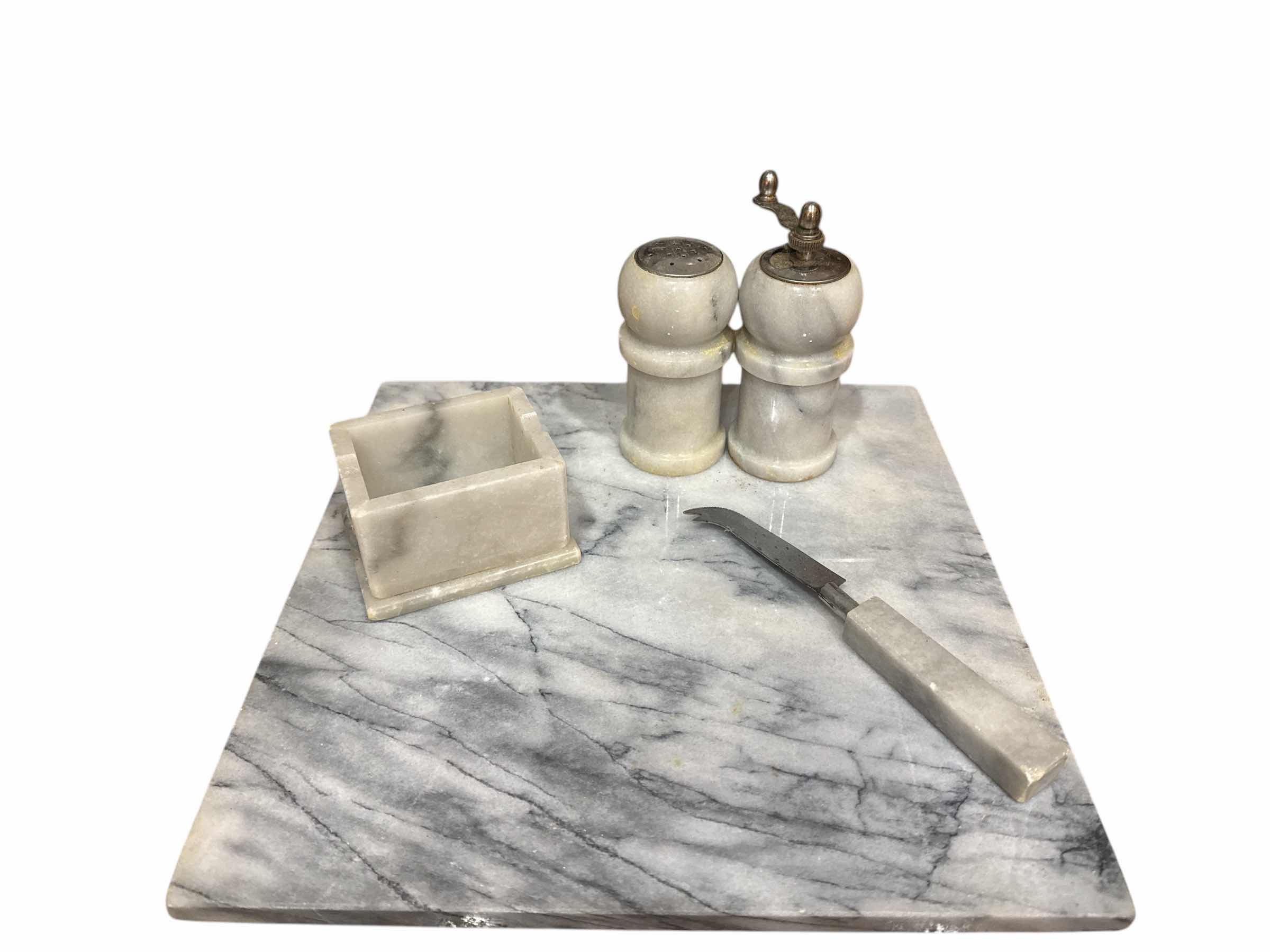 Photo 1 of 5 PIECE MARBLE SET 12” X 12” MARBLE CUTTING BOARD, KNIFE, SALT AND PEPPER MILL