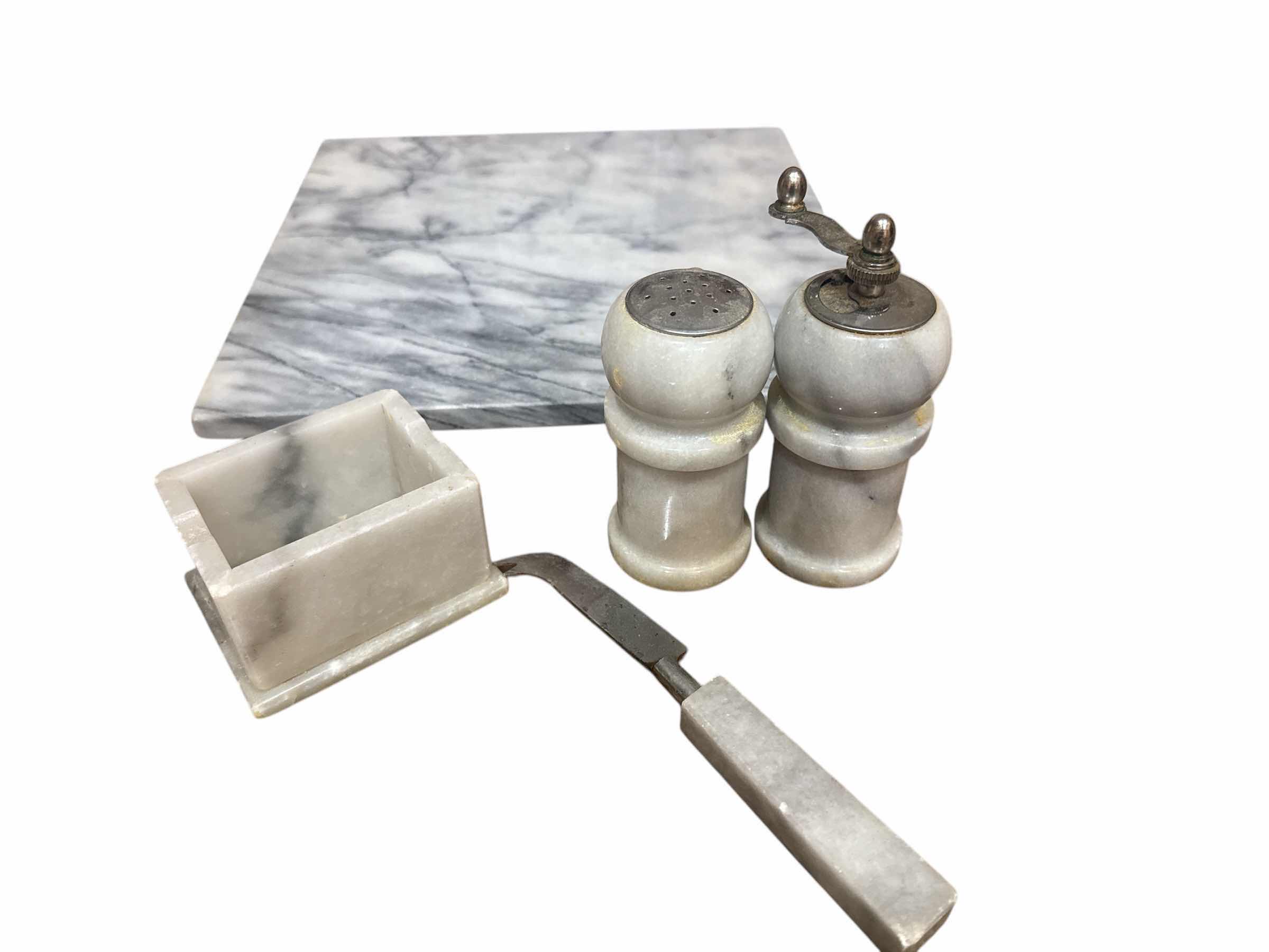 Photo 1 of 5 PIECE MARBLE SET 12” X 12” MARBLE CUTTING BOARD, KNIFE, SALT AND PEPPER MILL