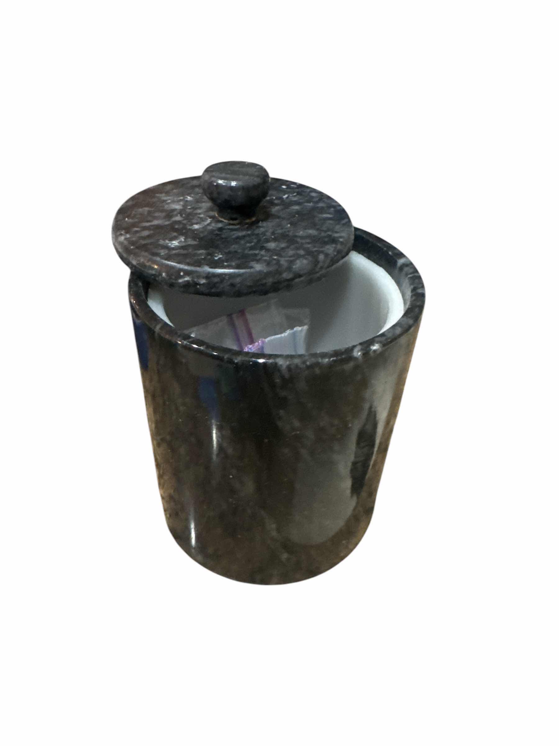 Photo 1 of 13 PIECES OF MARBLE KITCHEN WARE (NAPKIN RINGS, SALT & PEPPER, MORTAR AND PESTLE, BLACK MARBLE CANISTER)