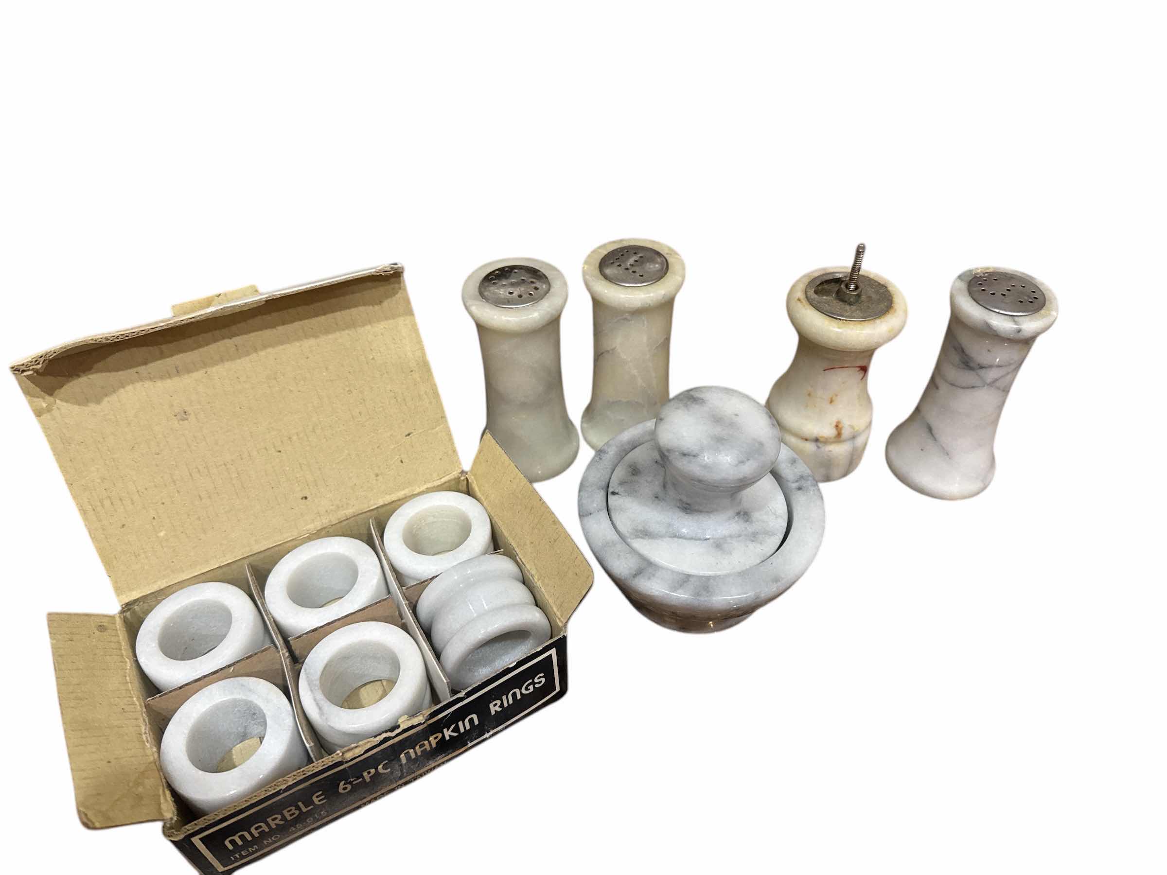Photo 1 of 13 PIECES OF MARBLE KITCHEN WARE (NAPKIN RINGS, SALT & PEPPER, MORTAR AND PESTLE, BLACK MARBLE CANISTER)