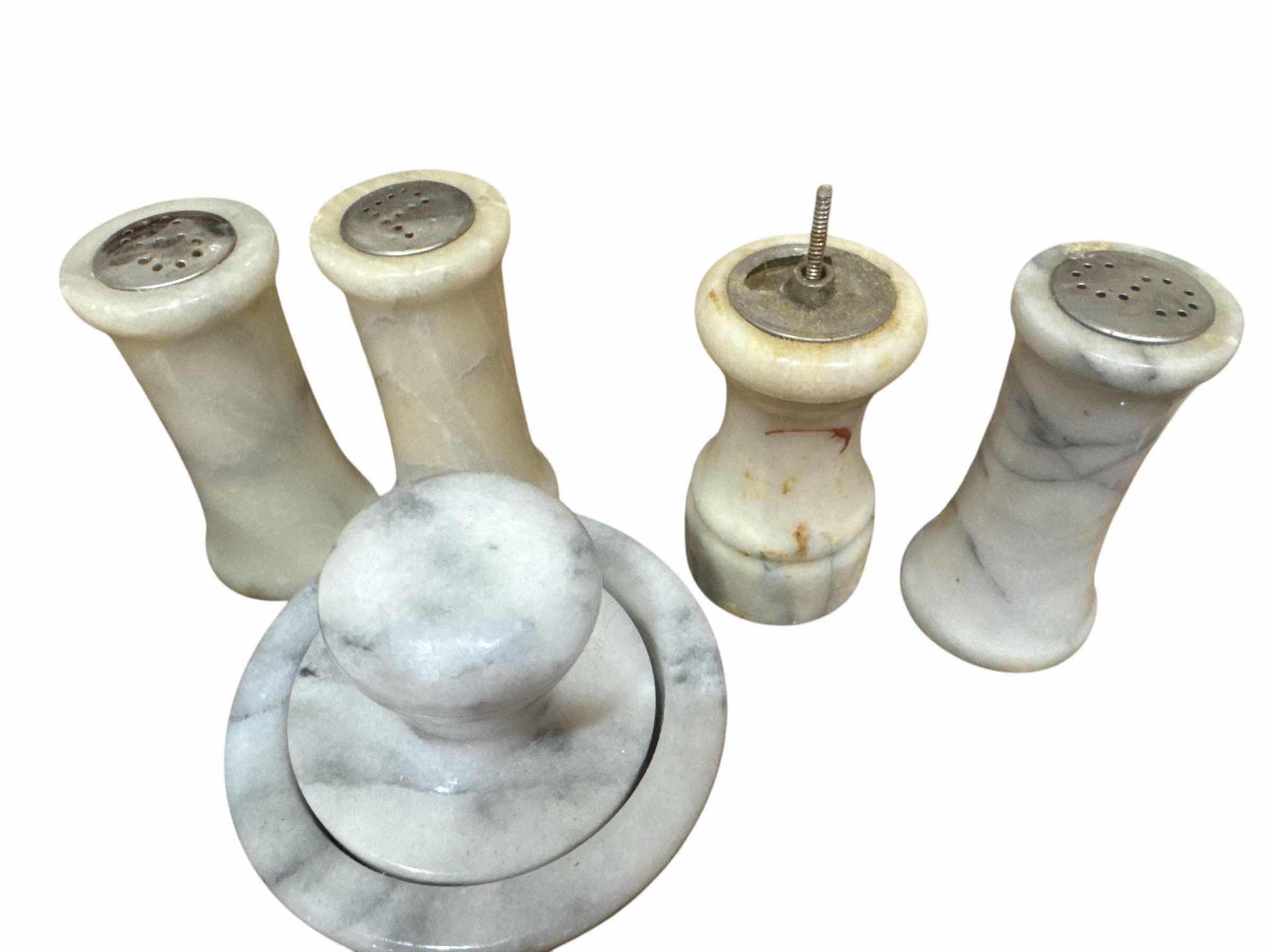 Photo 1 of 13 PIECES OF MARBLE KITCHEN WARE (NAPKIN RINGS, SALT & PEPPER, MORTAR AND PESTLE, BLACK MARBLE CANISTER)